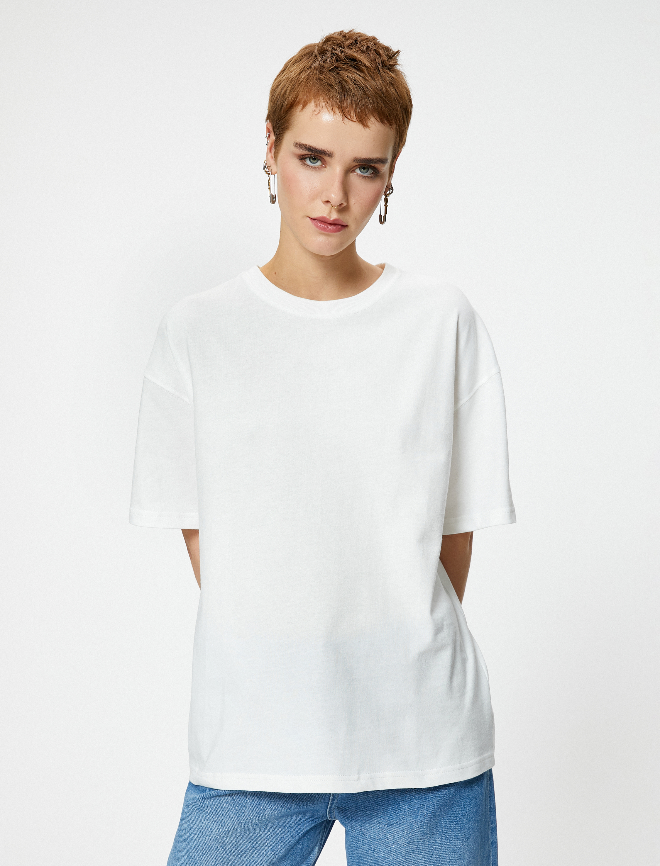   Basic Oversize Tişört Kısa Kollu Bisiklet Yaka Pamuklu