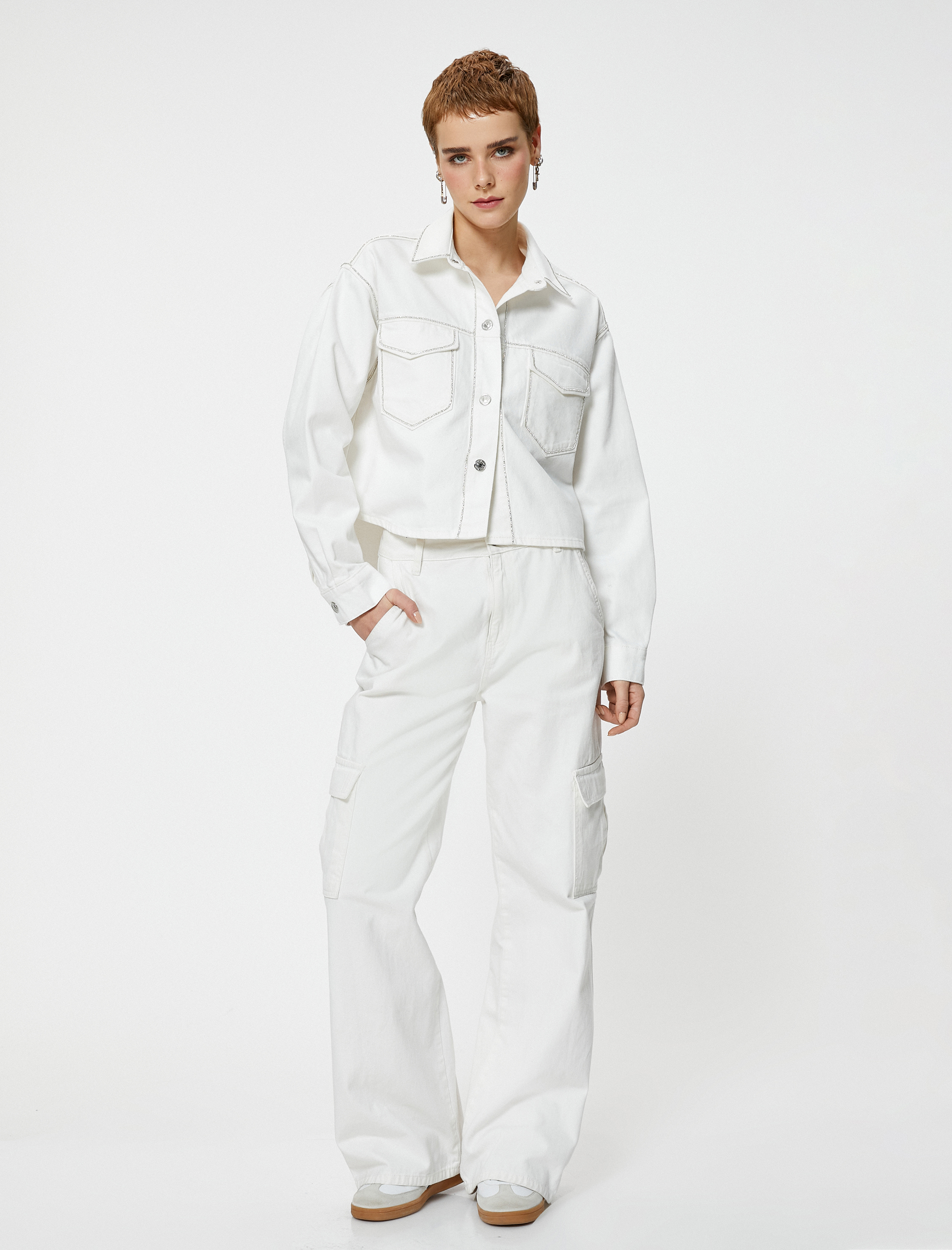   Taşlı Kot Ceket Kapaklı Cepli Gömlek Yaka Pamuklu