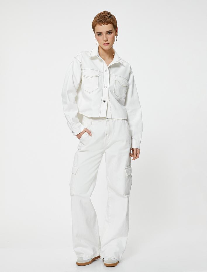  Taşlı Kot Ceket Kapaklı Cepli Gömlek Yaka Pamuklu