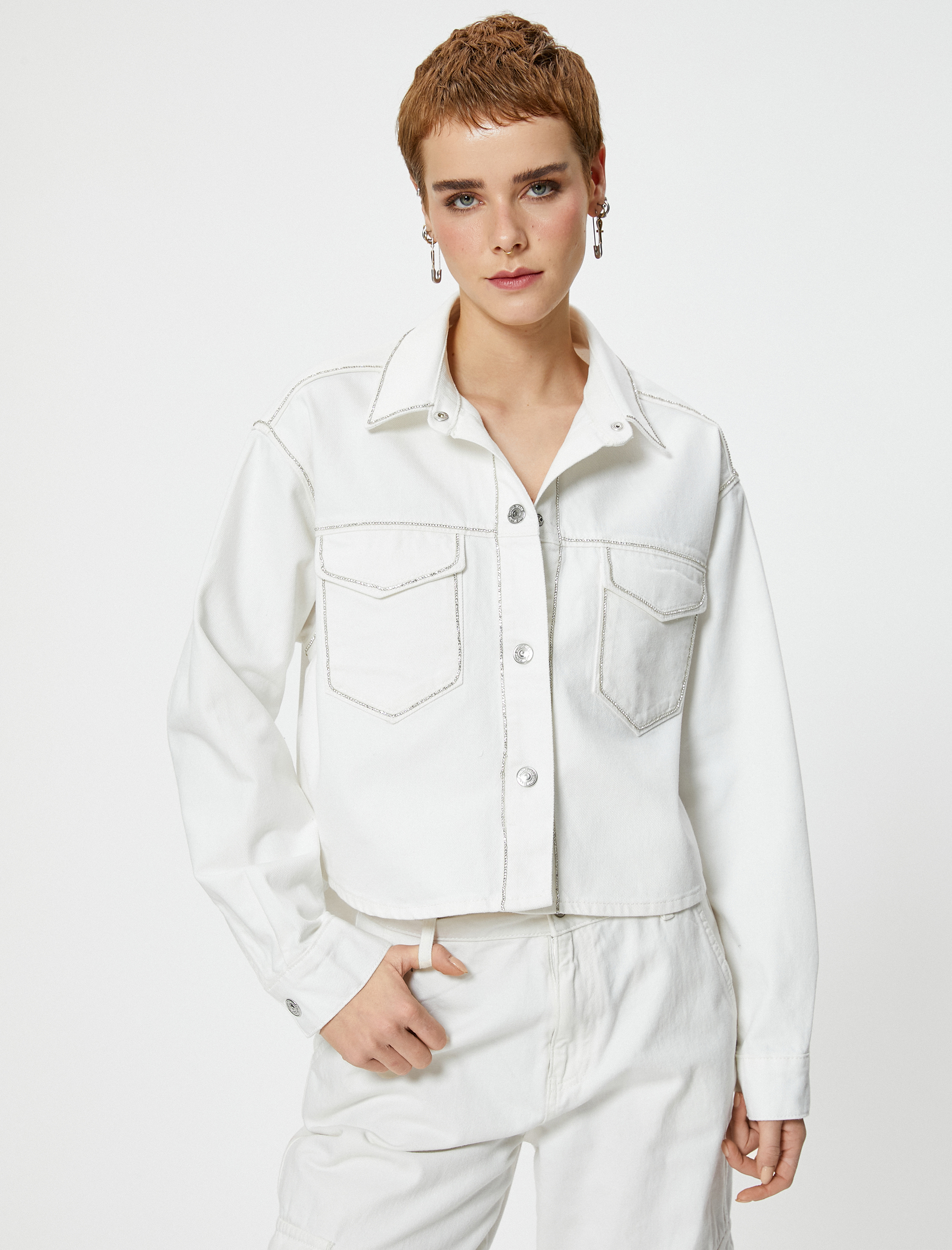   Taşlı Kot Ceket Kapaklı Cepli Gömlek Yaka Pamuklu