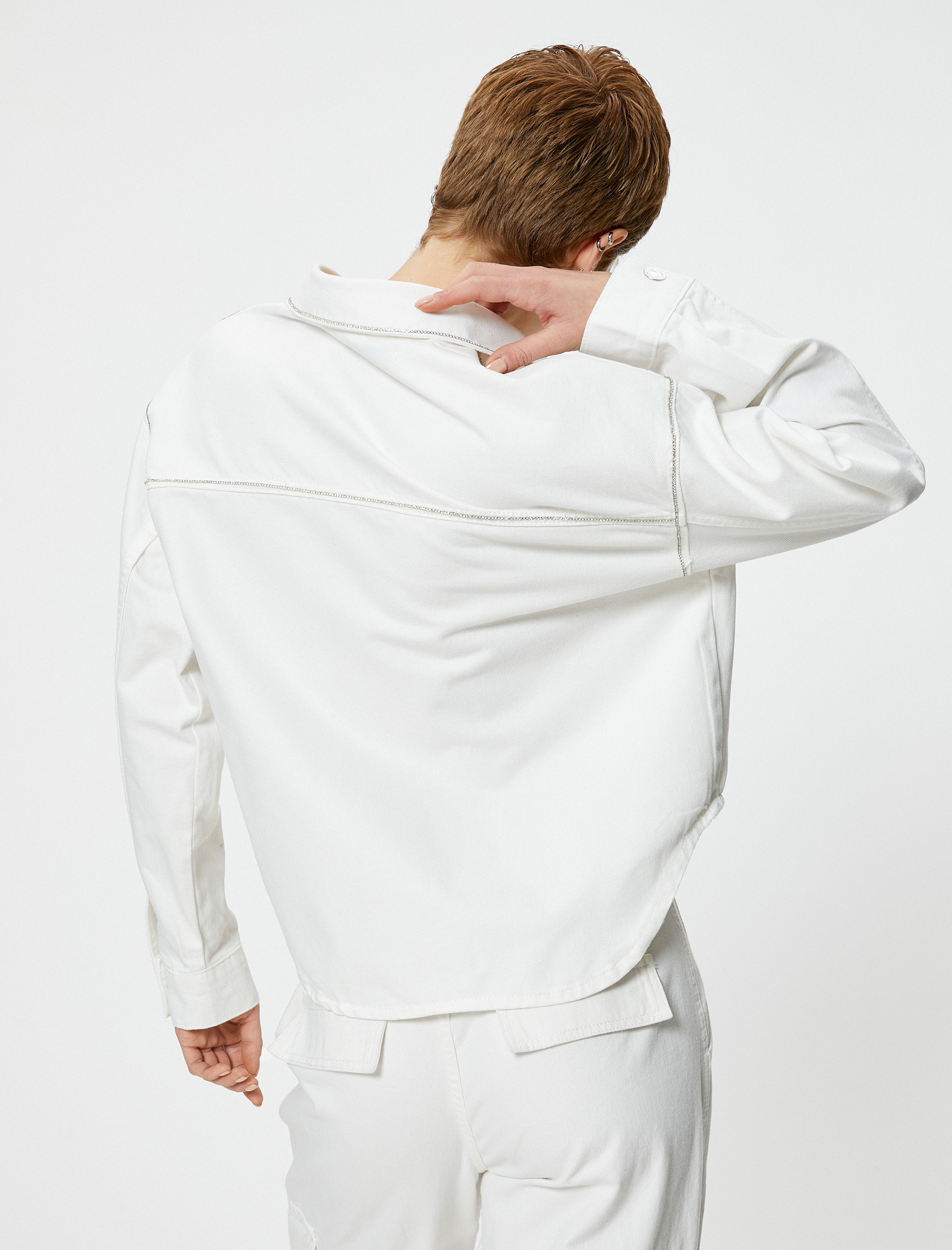   Taşlı Kot Ceket Kapaklı Cepli Gömlek Yaka Pamuklu