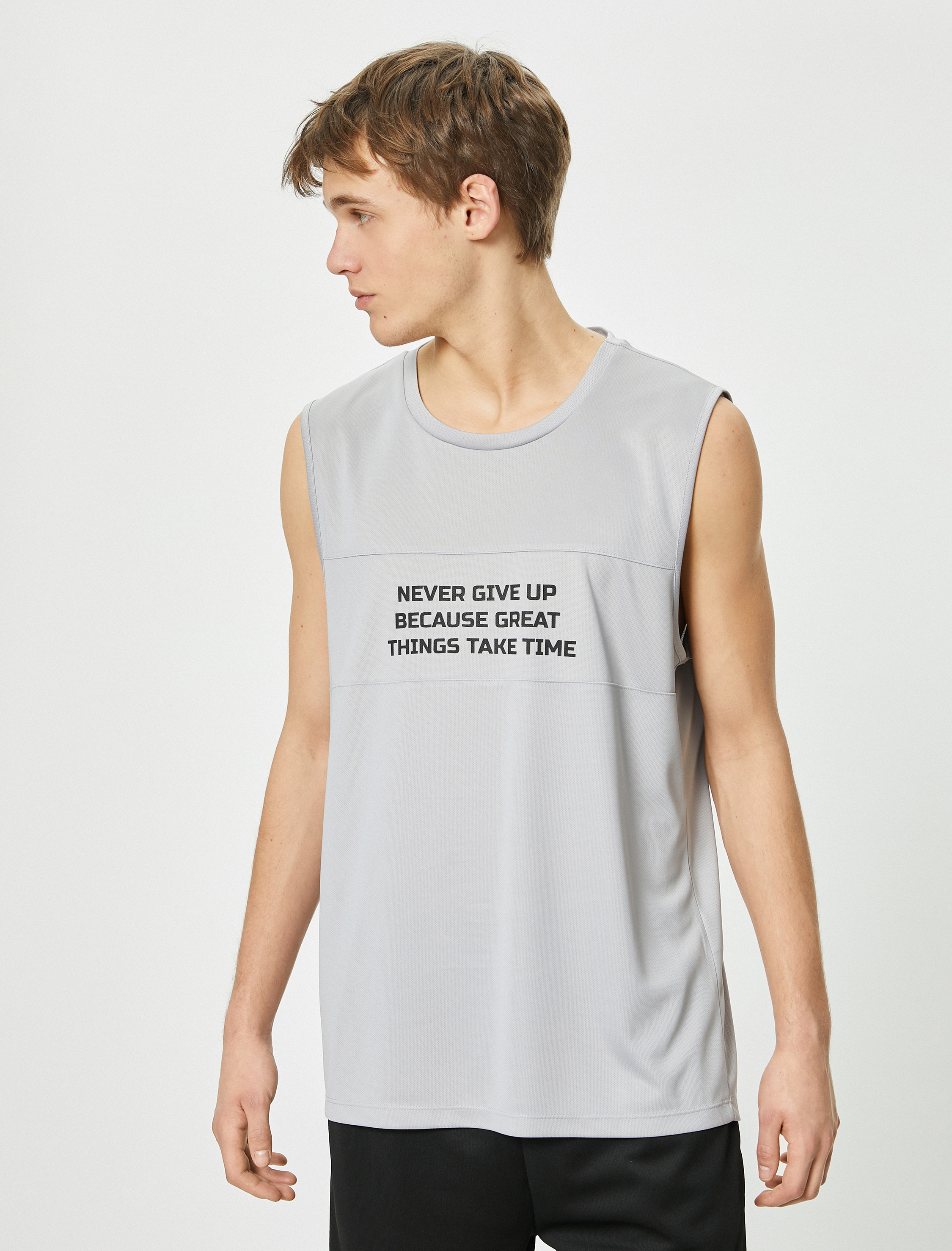   Sporcu Atleti Slogan Baskılı Bisiklet Yaka Kolsuz