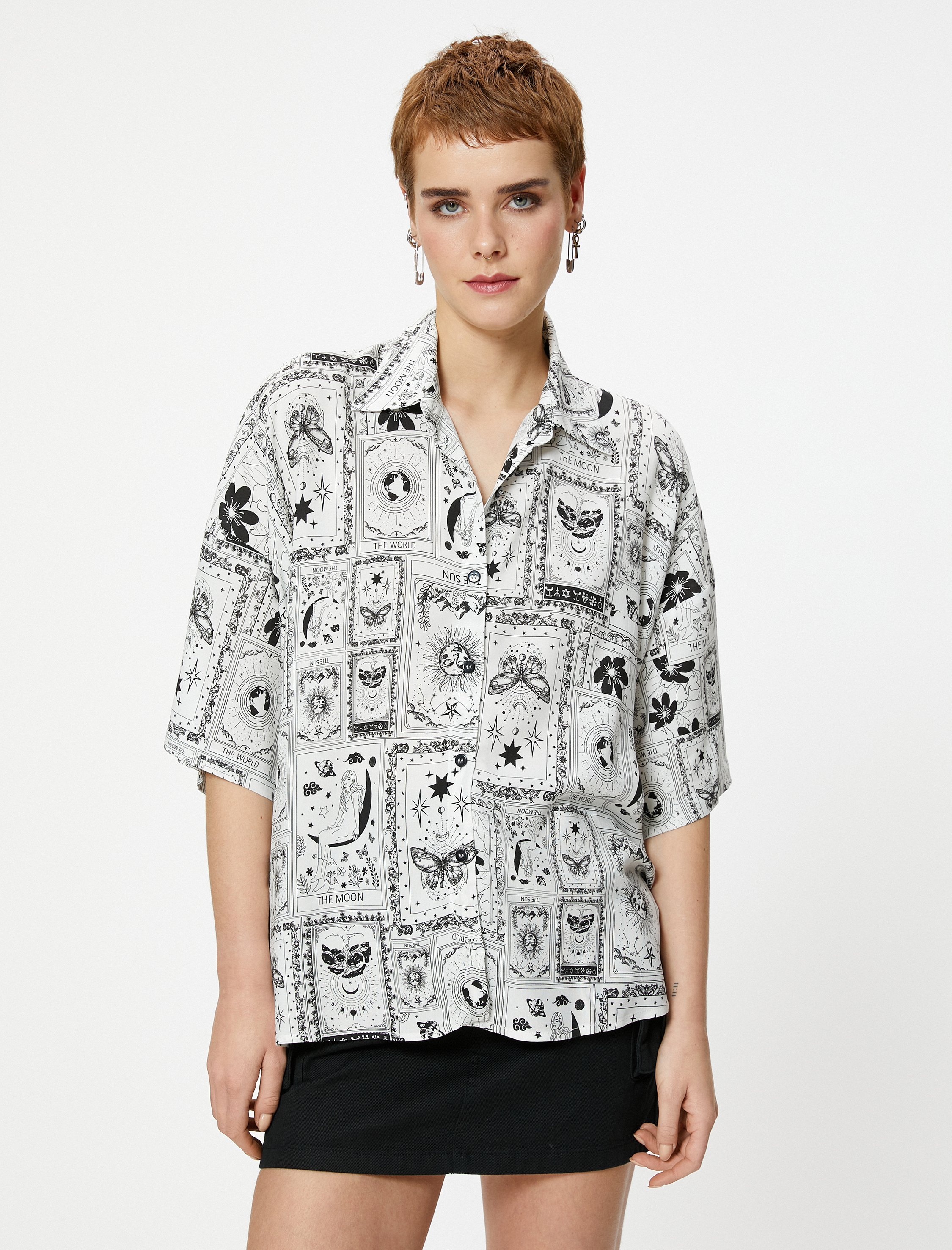   Viskoz Oversize Gömlek Baskılı Kısa Kollu