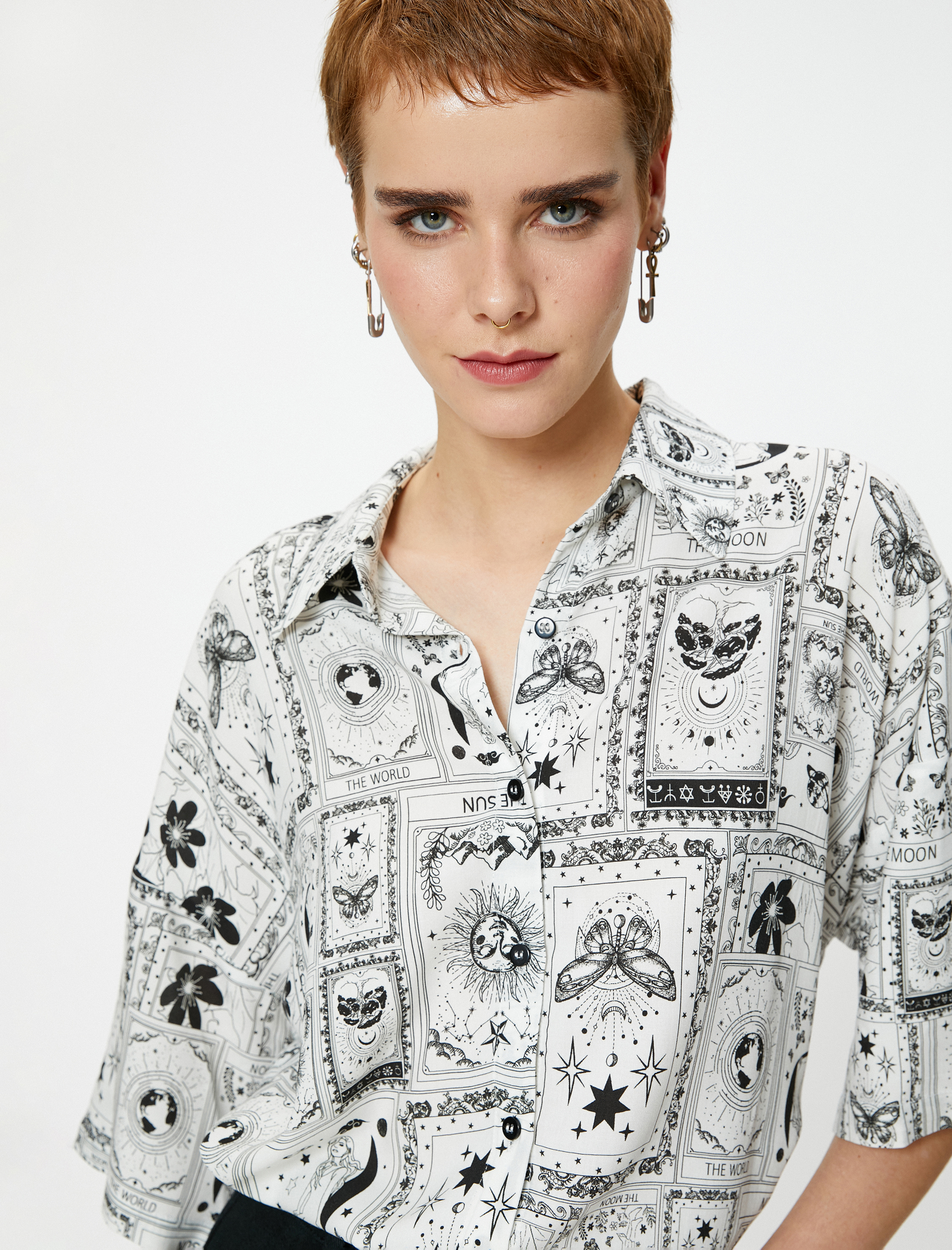   Viskoz Oversize Gömlek Baskılı Kısa Kollu