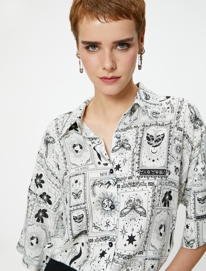  Viskoz Oversize Gömlek Baskılı Kısa Kollu