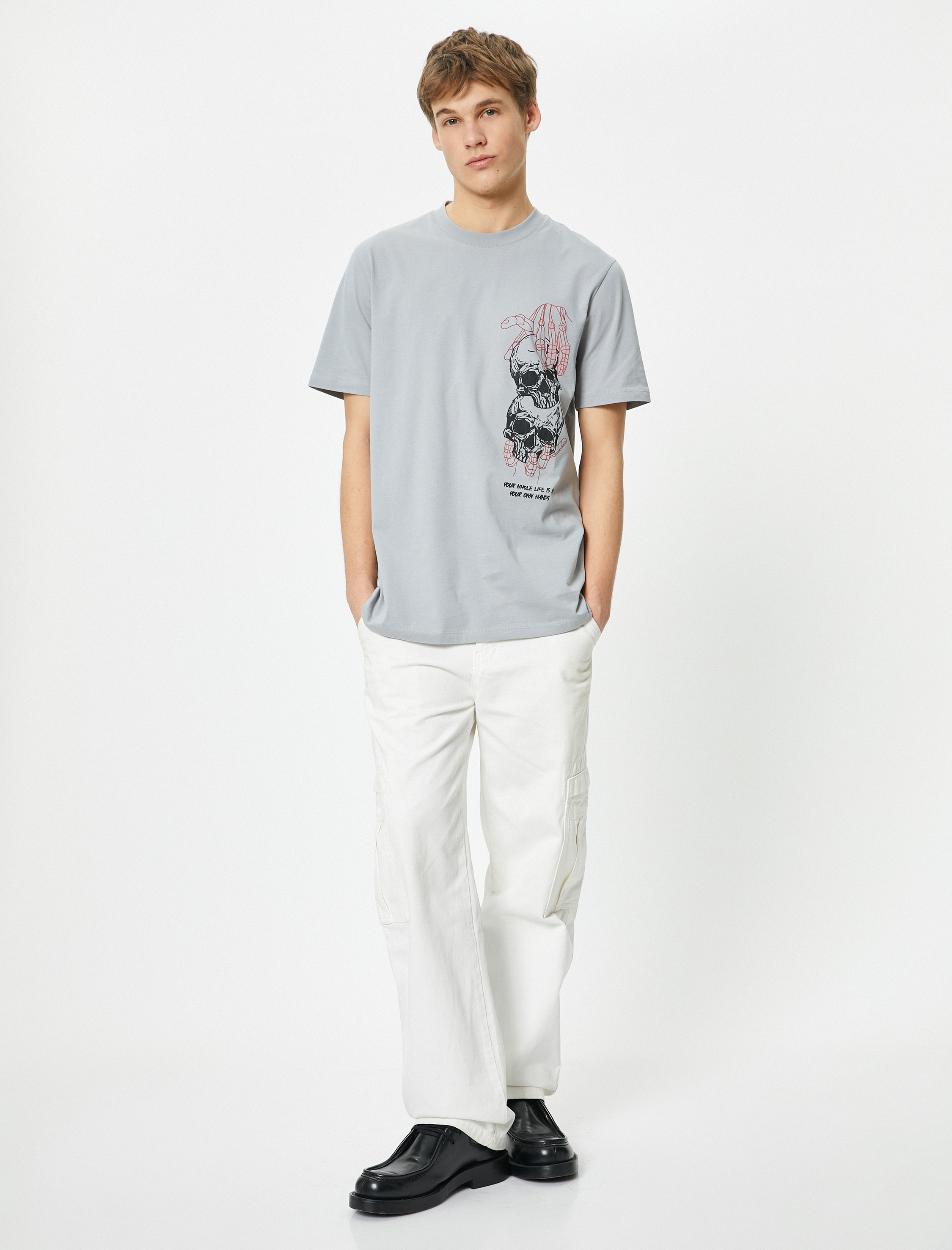   Kuru Kafa Baskılı Tişört Sloganlı Bisiklet Yaka Kısa Kollu