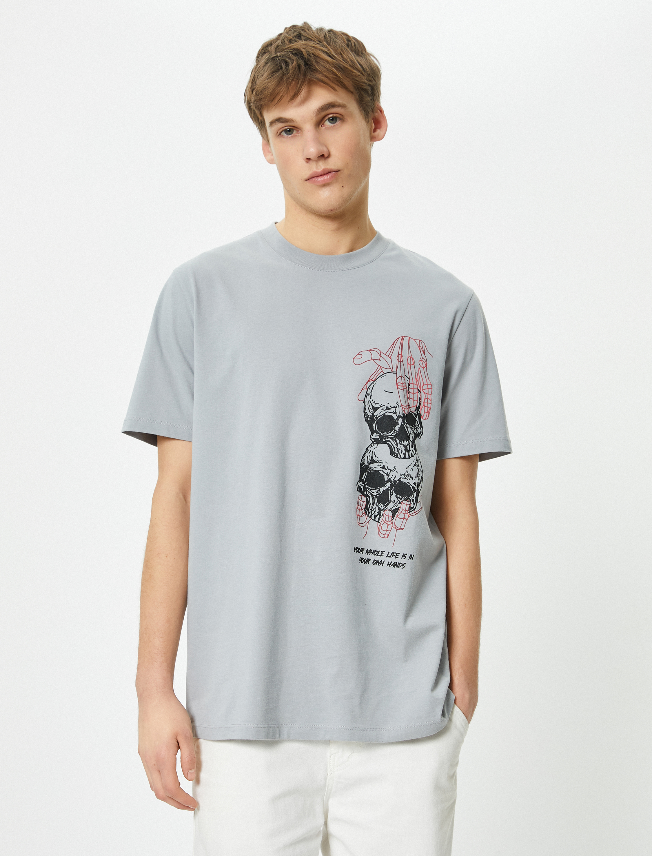   Kuru Kafa Baskılı Tişört Sloganlı Bisiklet Yaka Kısa Kollu