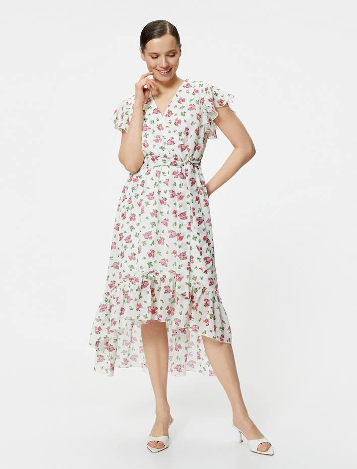  Midi Boy Çiçekli Elbise Şifon Fırfırlı Beli Kuşaklı Asimetrik Kesim V Yaka