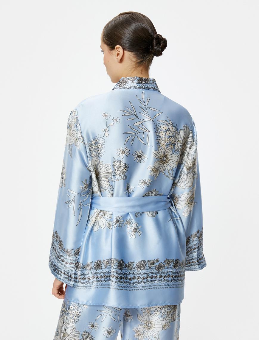   Oversize Kimono Saten Çiçekli Beli Kuşaklı
