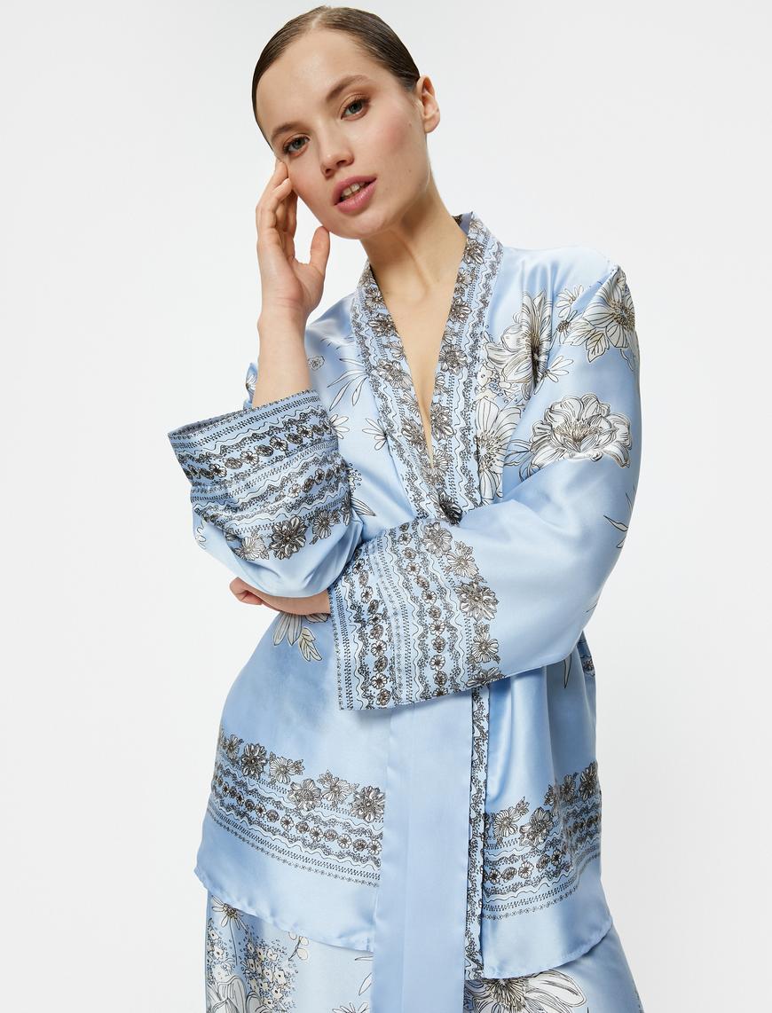   Oversize Kimono Saten Çiçekli Beli Kuşaklı