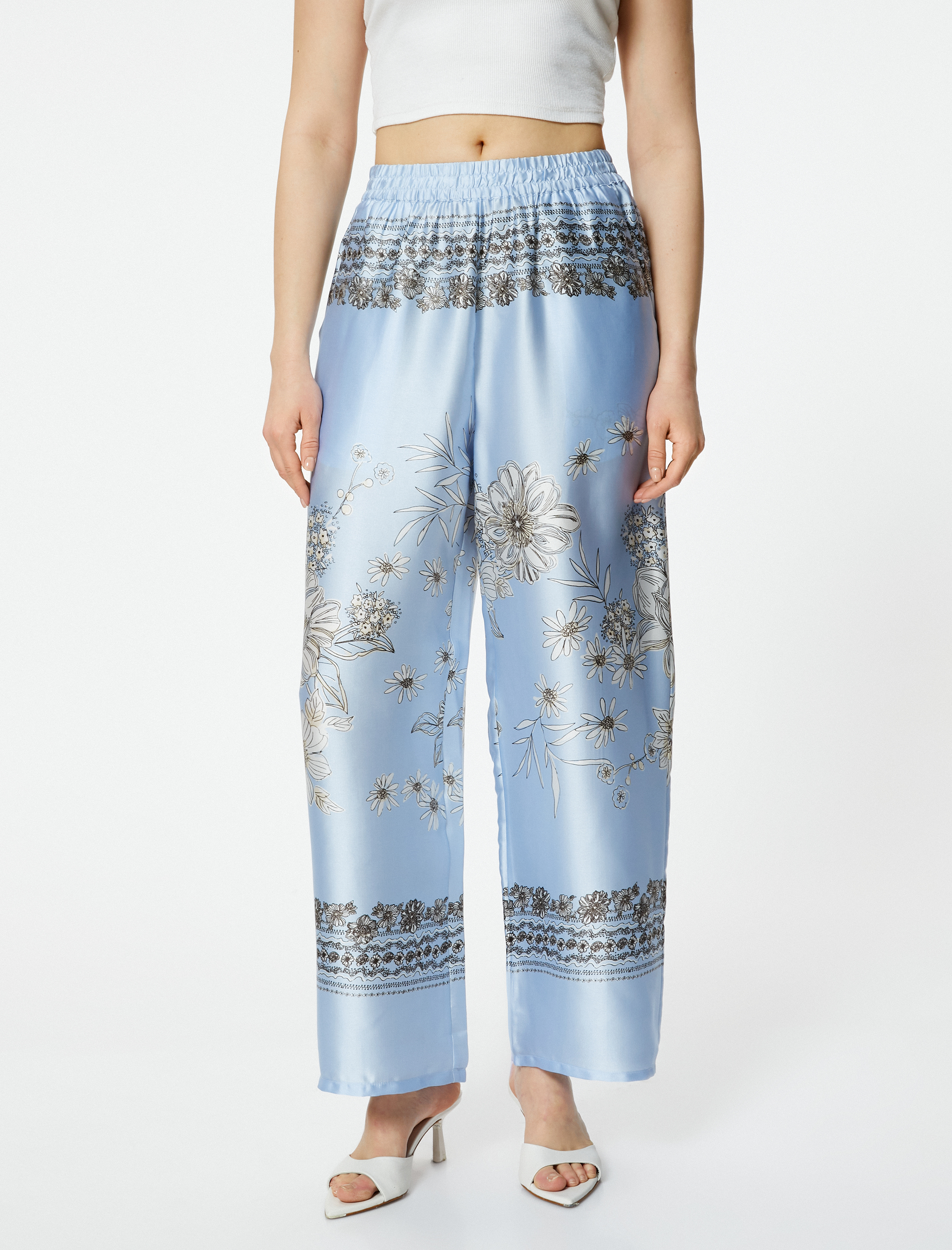   Bol Paça Pantolon Çiçekli Saten Beli Lastikli