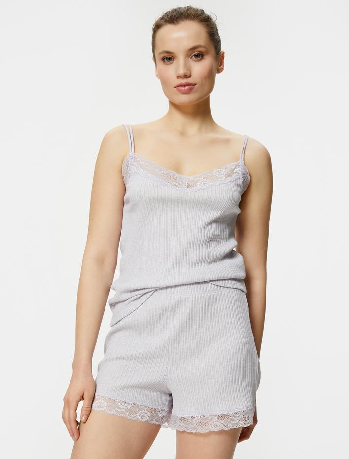  Pijama Altı Şort Dantelli Fitilli Normal Lastikli Bel
