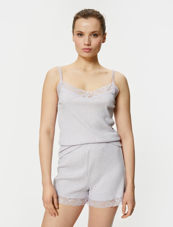  Pijama Üstü İnce Askılı Dantel Detaylı Fitilli