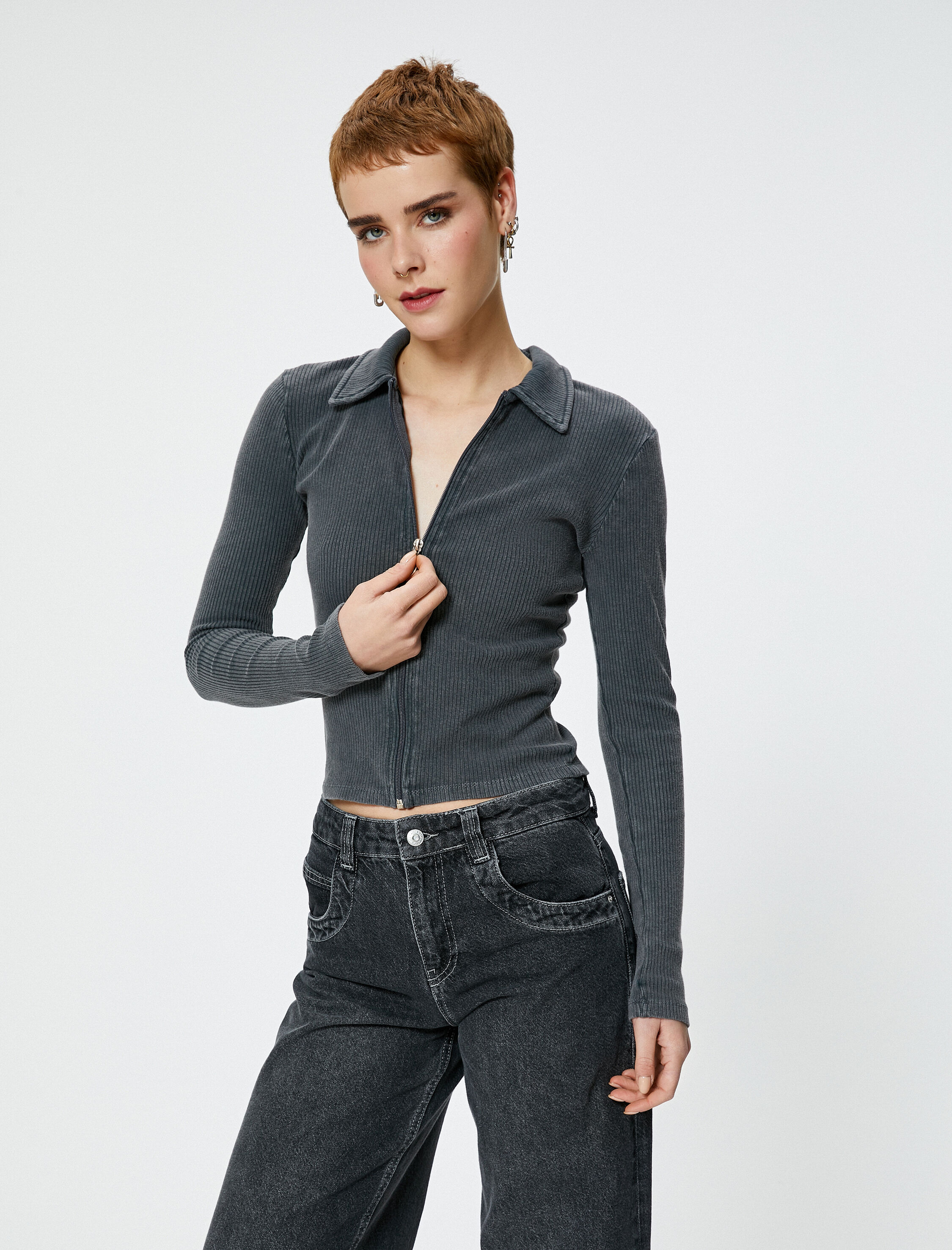   Fermuarlı Polo Yaka Tişört Uzun Kollu Ribanalı Slim Fit Pamuklu