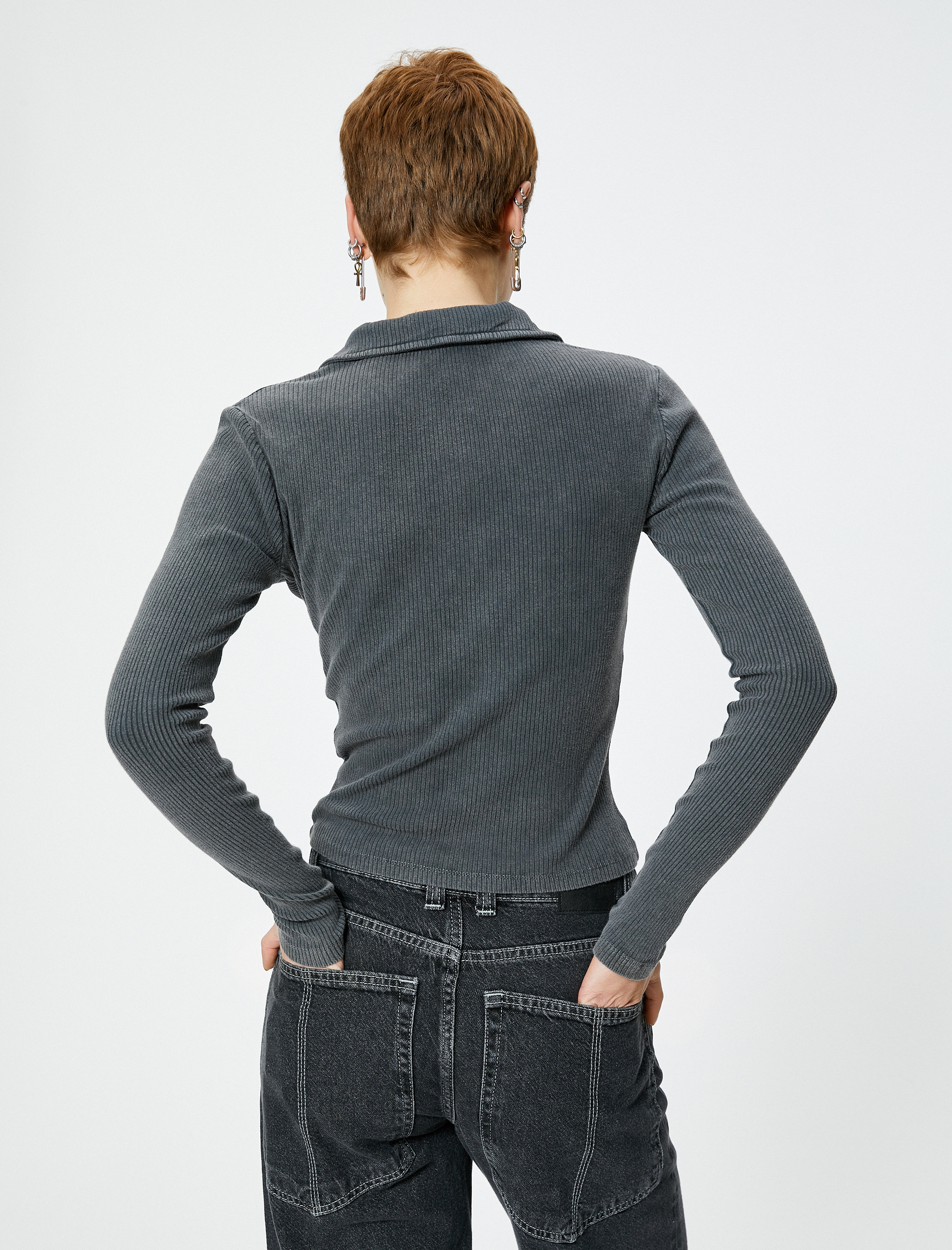   Fermuarlı Polo Yaka Tişört Uzun Kollu Ribanalı Slim Fit Pamuklu