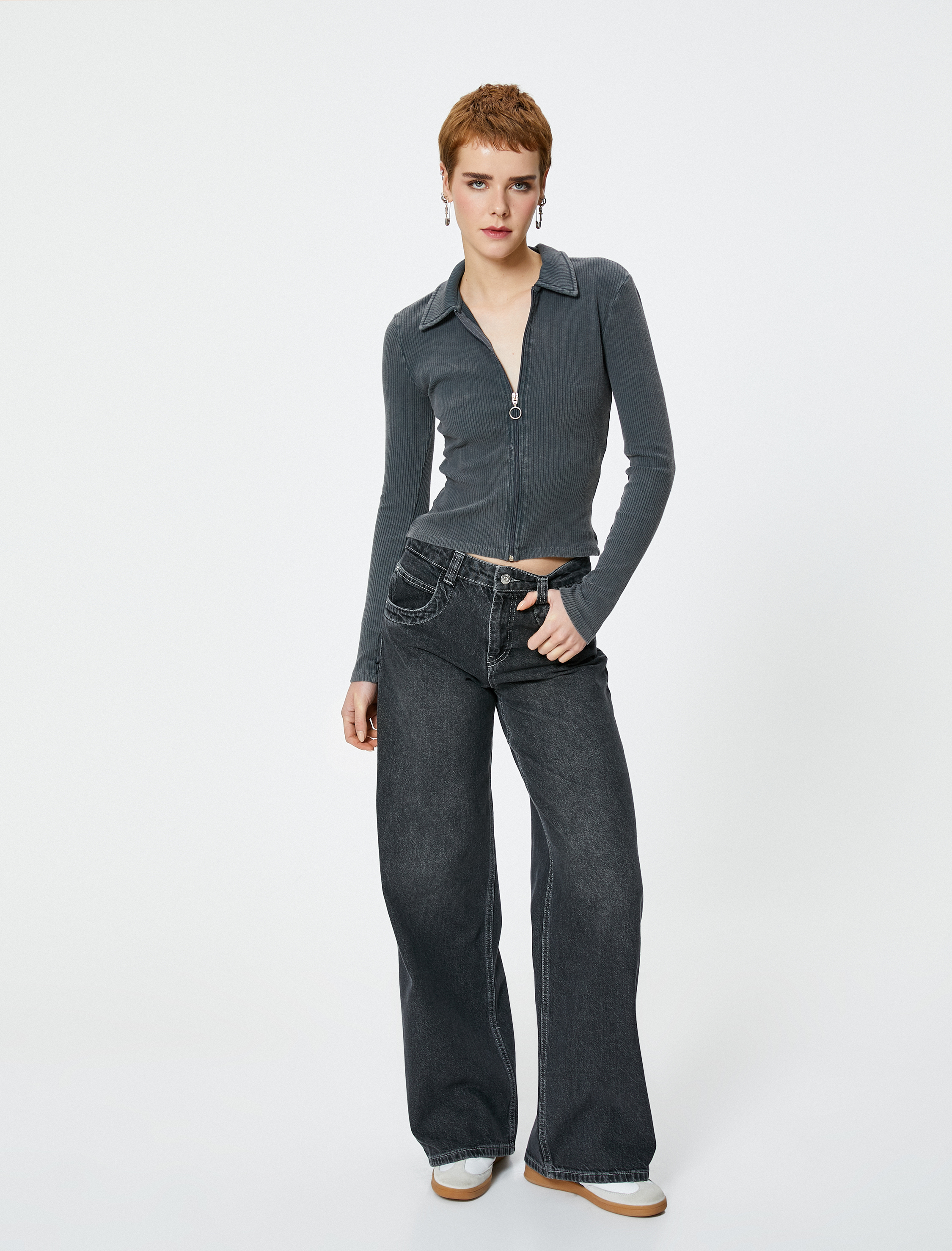   Fermuarlı Polo Yaka Tişört Uzun Kollu Ribanalı Slim Fit Pamuklu