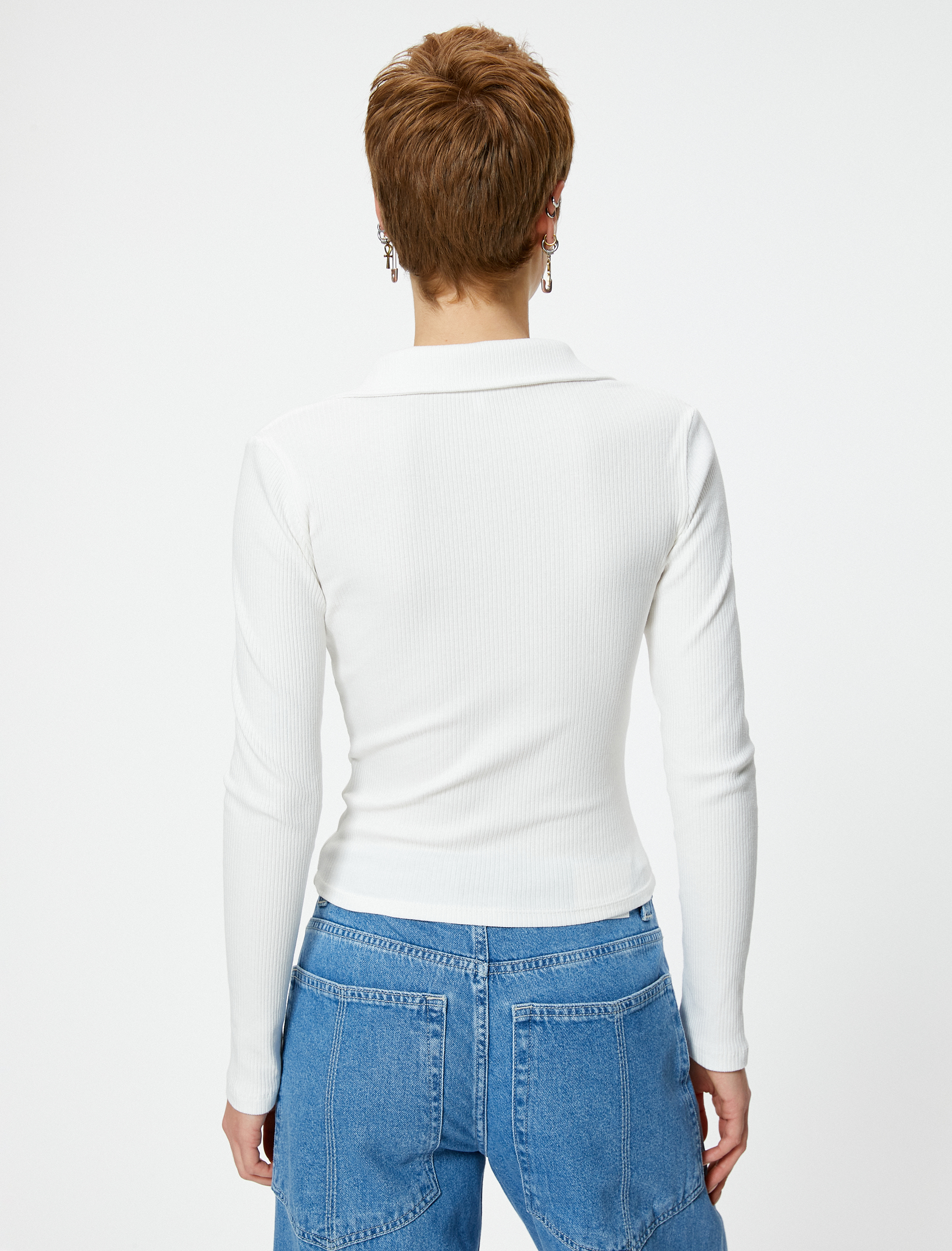   Fermuarlı Polo Yaka Tişört Uzun Kollu Ribanalı Slim Fit Pamuklu