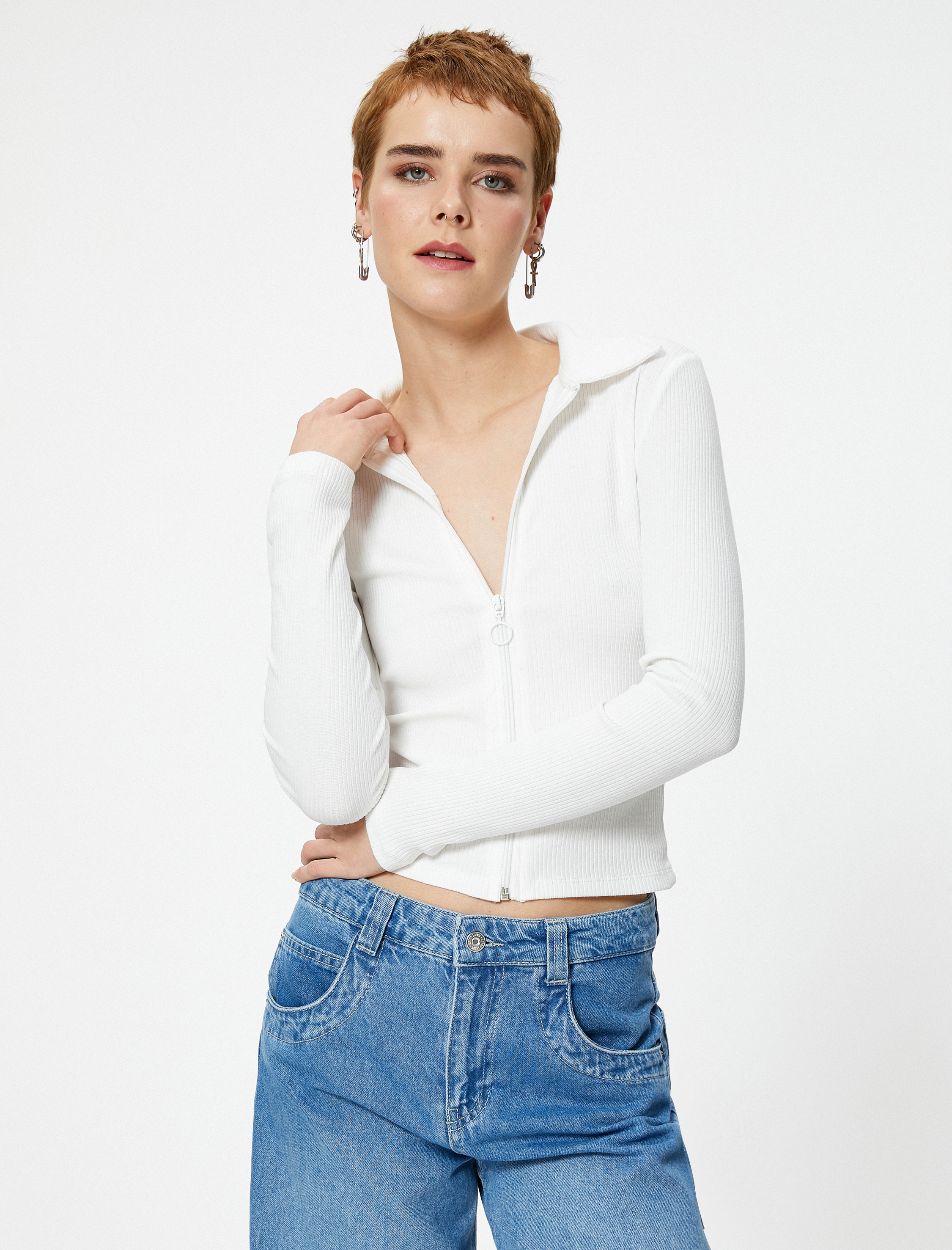   Fermuarlı Polo Yaka Tişört Uzun Kollu Ribanalı Slim Fit Pamuklu