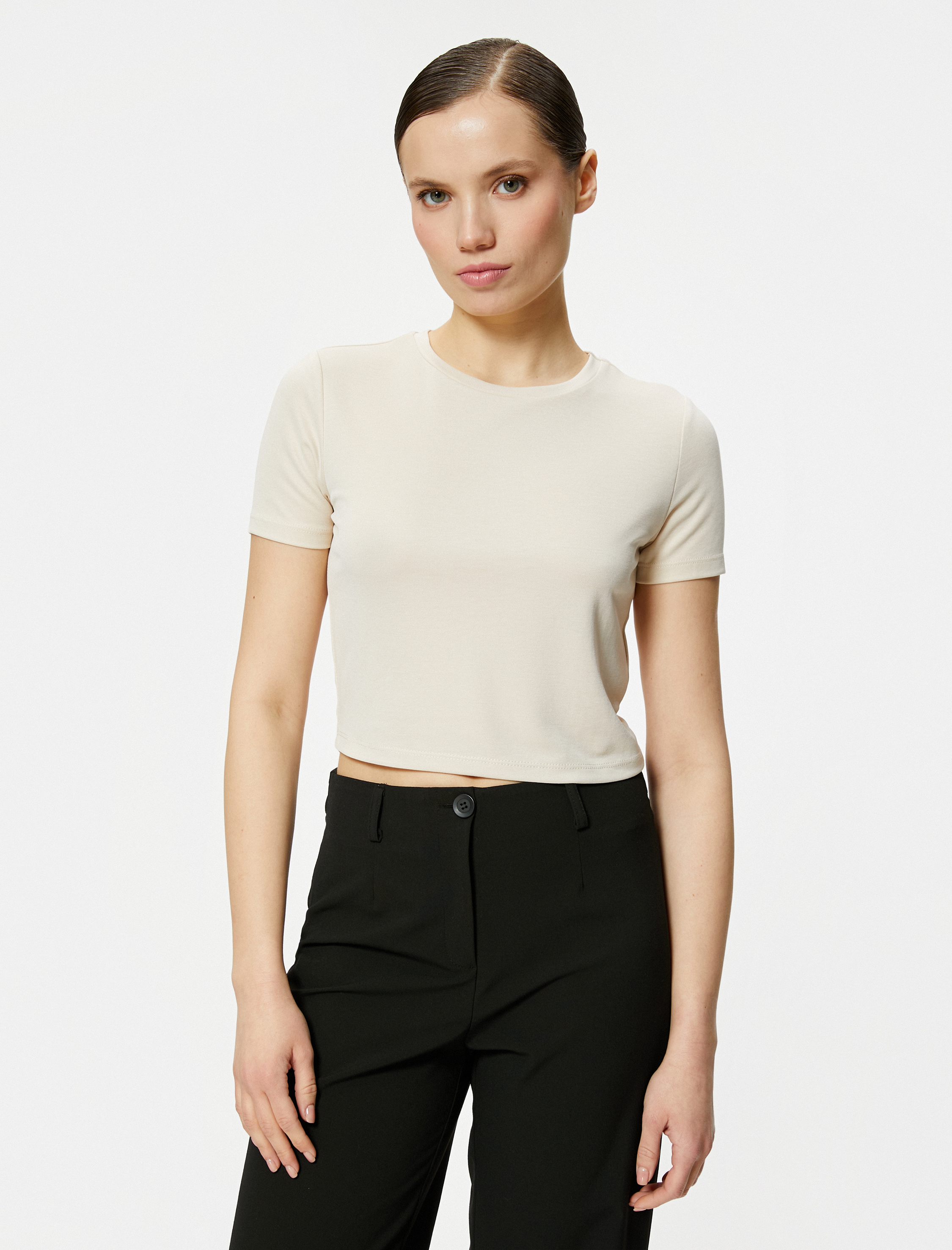   Crop Tişört Kısa Kollu Bisiklet Yaka Modal Karışımlı