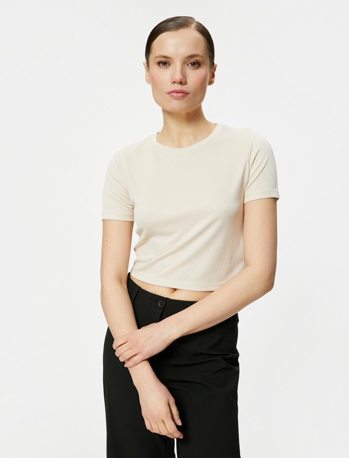  Crop Tişört Kısa Kollu Bisiklet Yaka Modal Karışımlı