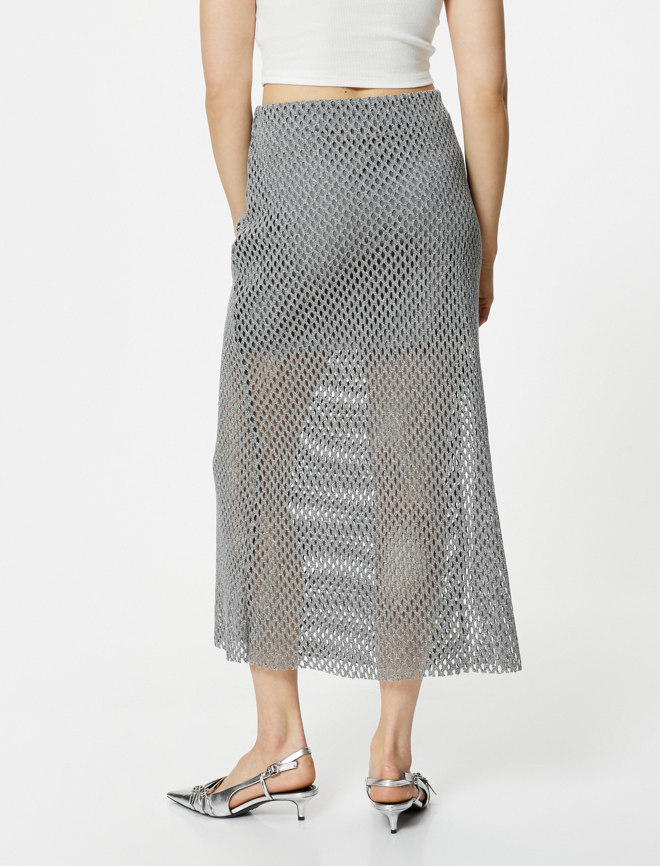   Ajurlu Kroşe Midi Etek Metalik Simli Normal Bel