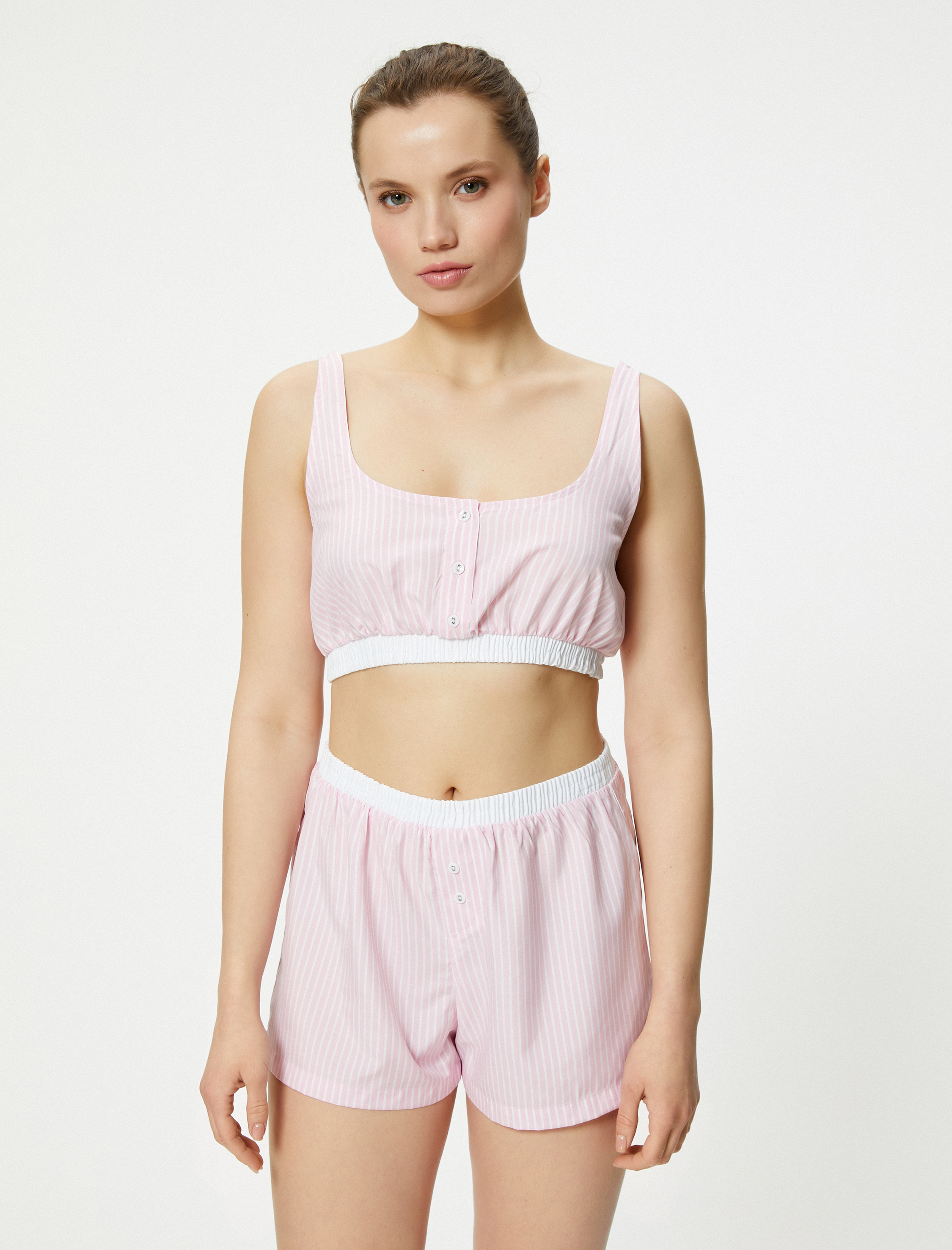   Crop Pijama Üstü Beli Lastikli Düğmeli Askılı