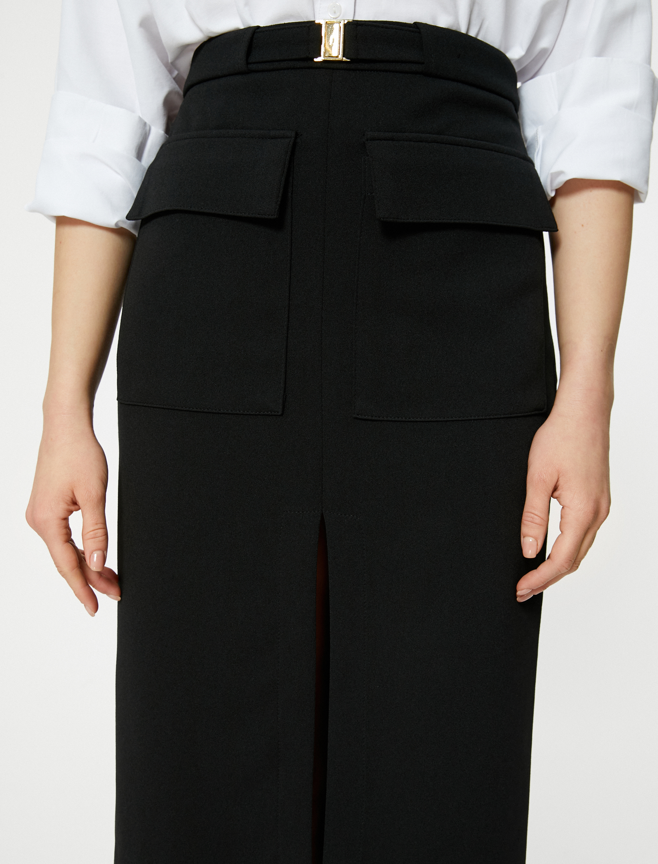   Midi Yırtmaçlı Etek Kemer Detaylı Cepli Normal Bel