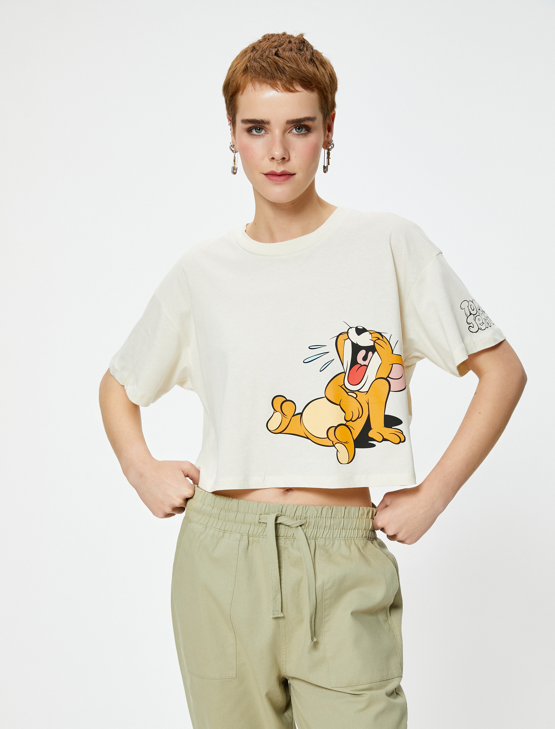   Tom ve Jerry Tişört Crop Lisanslı Kısa Kollu Bisiklet Yaka Pamuklu