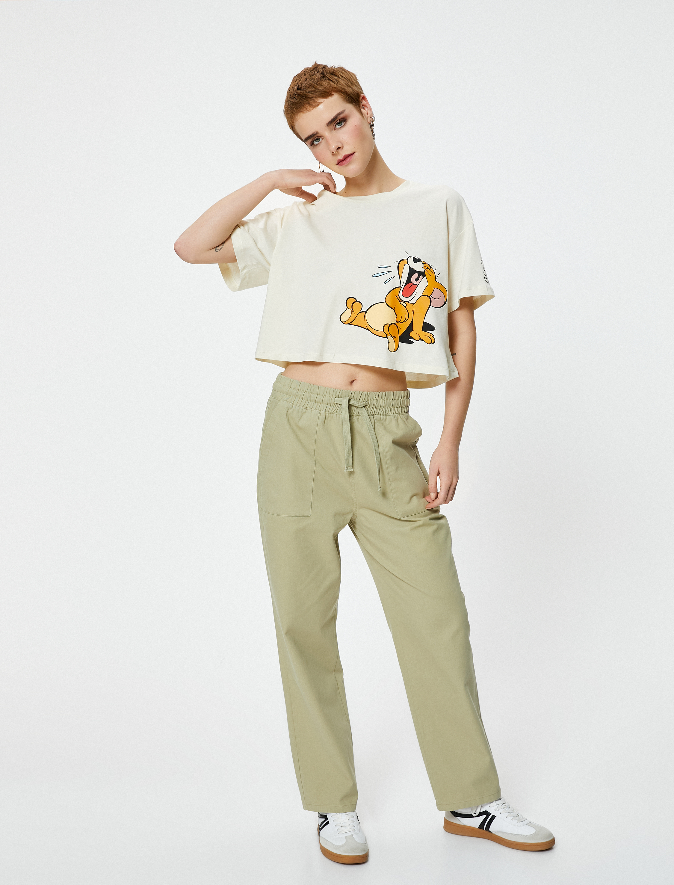   Tom ve Jerry Tişört Crop Lisanslı Kısa Kollu Bisiklet Yaka Pamuklu