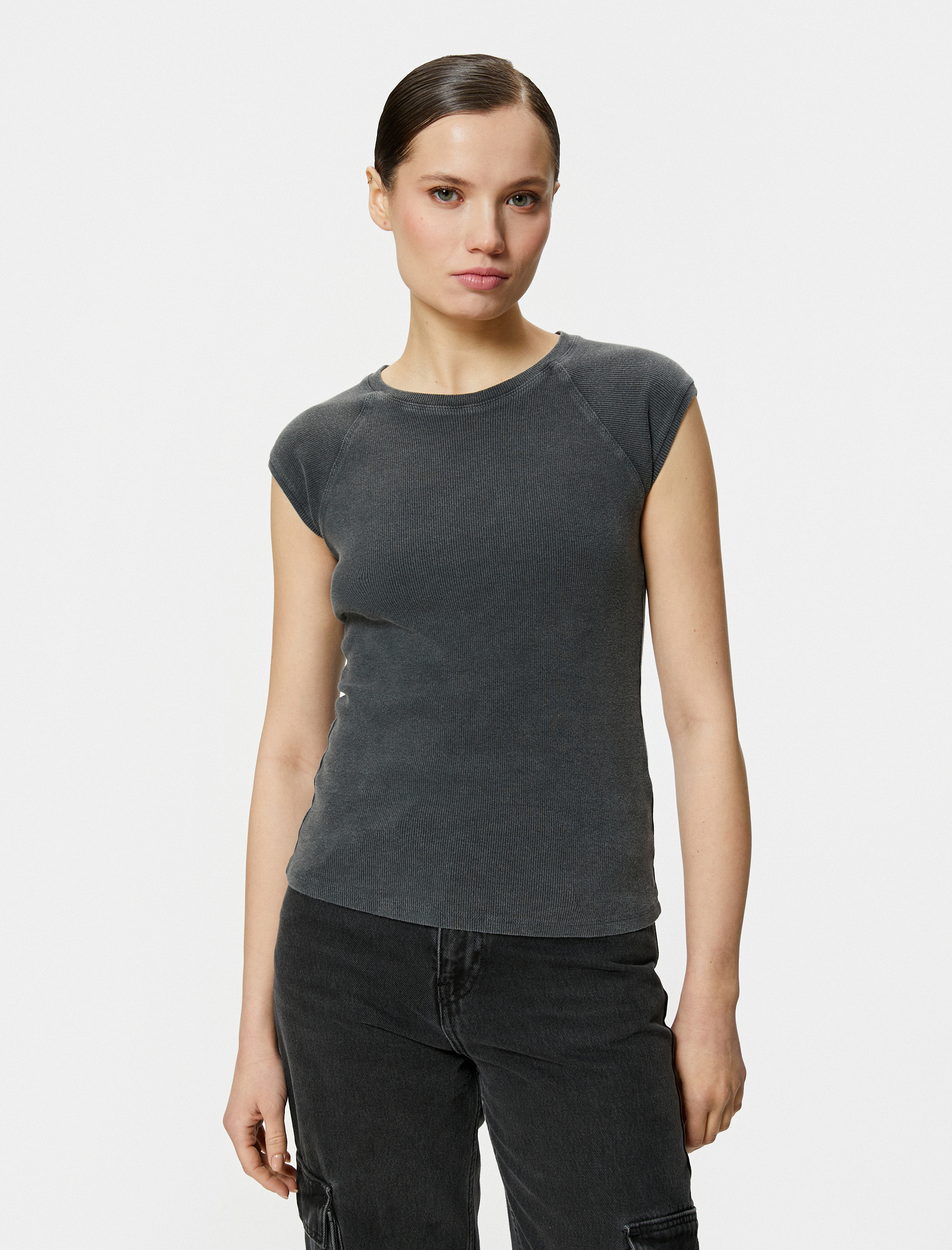   Kap Kol Bisiklet Yaka Tişört Pamuklu Ribanalı Slim Fit