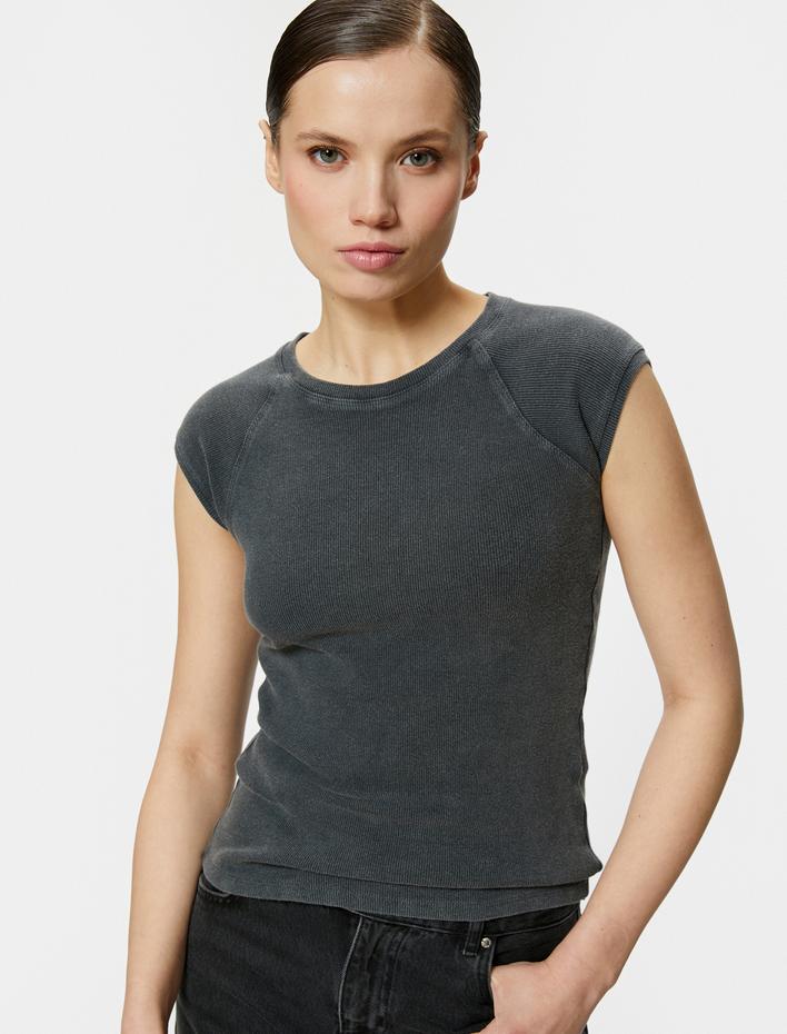  Kap Kol Bisiklet Yaka Tişört Pamuklu Ribanalı Slim Fit