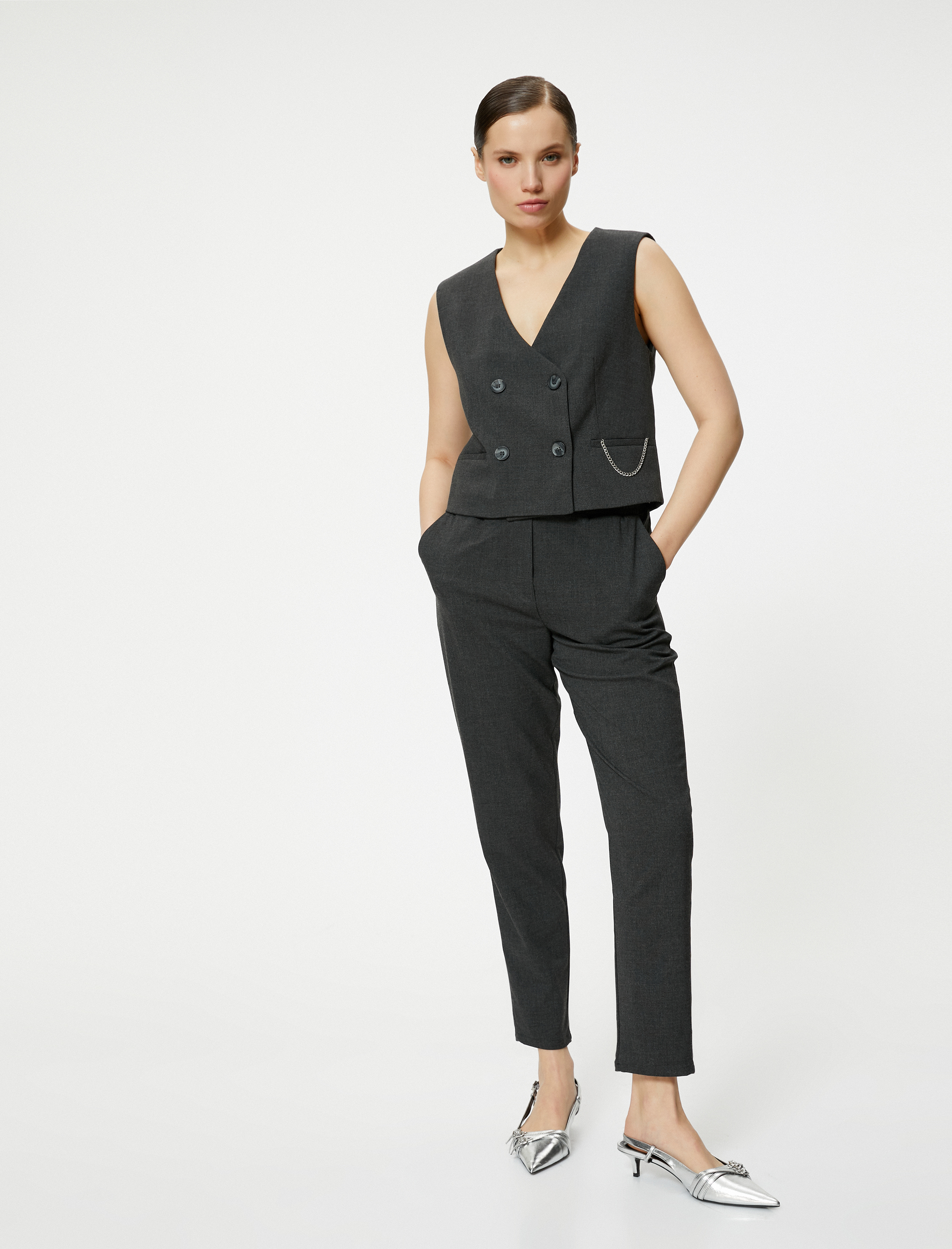   Klasik Kumaş Pantolon Cep Detaylı Dar Paça Yüksek Bel