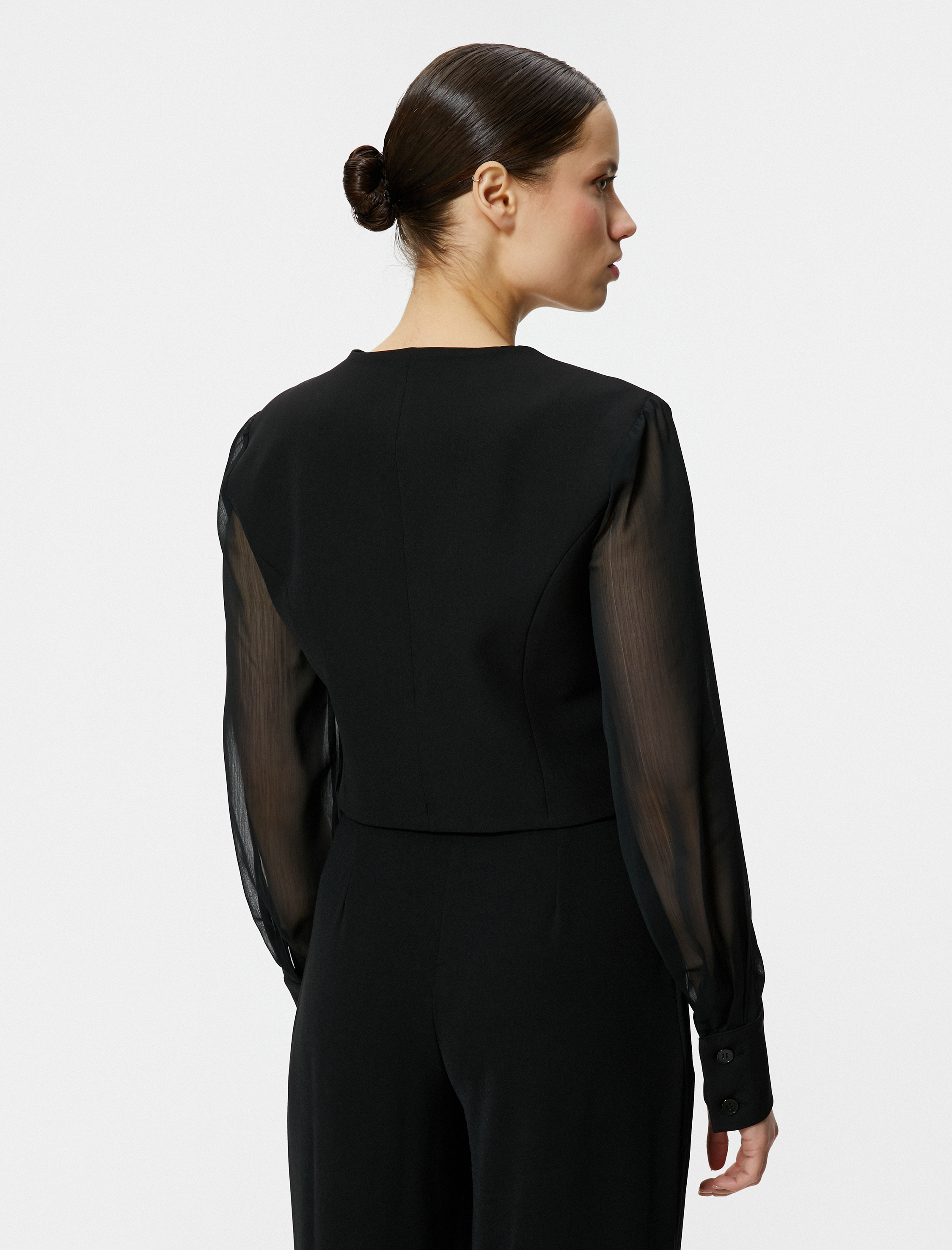   Blazer Yelek Şifon Kollu Düğmeli Fleto Cepli V Yaka