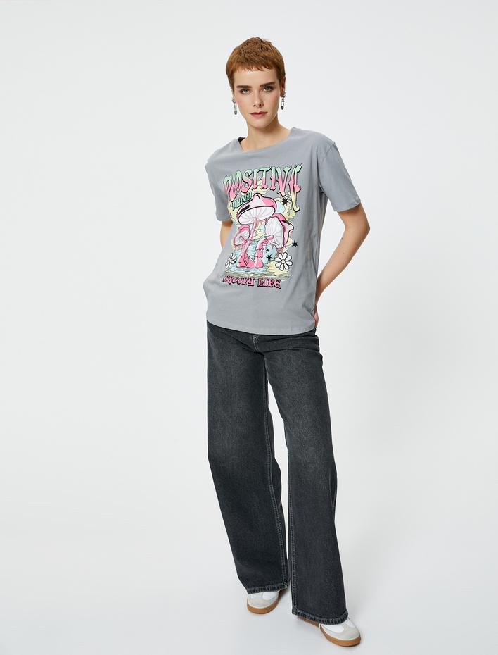  Baskılı Tişört Kısa Kollu Bisiklet Yaka Pamuklu