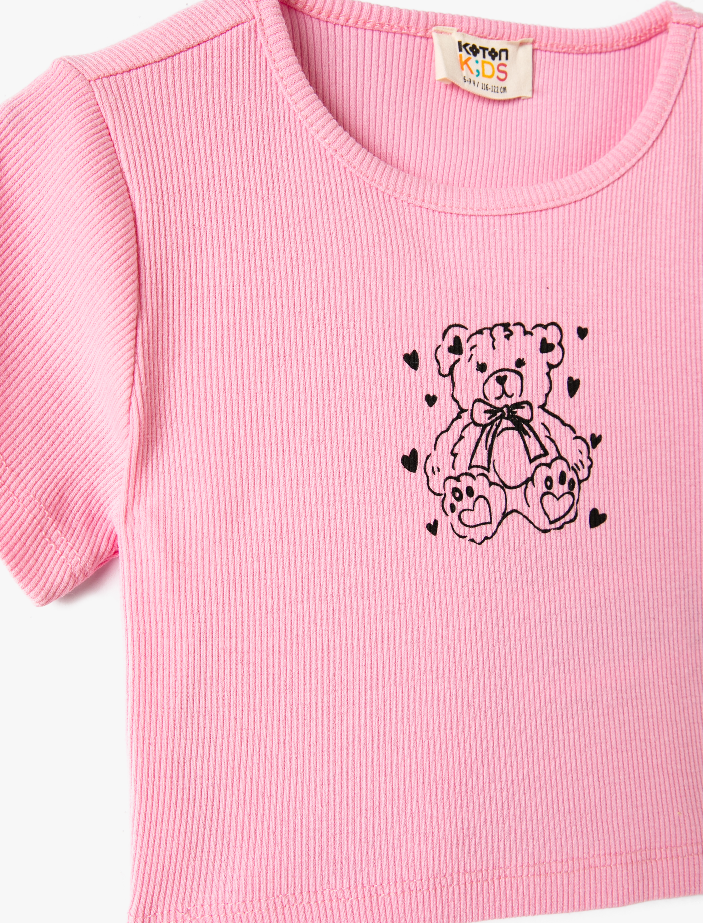 Kız Çocuk Crop Tişört Ayıcık Baskılı Ribanalı Kısa Kollu Bisiklet Yaka