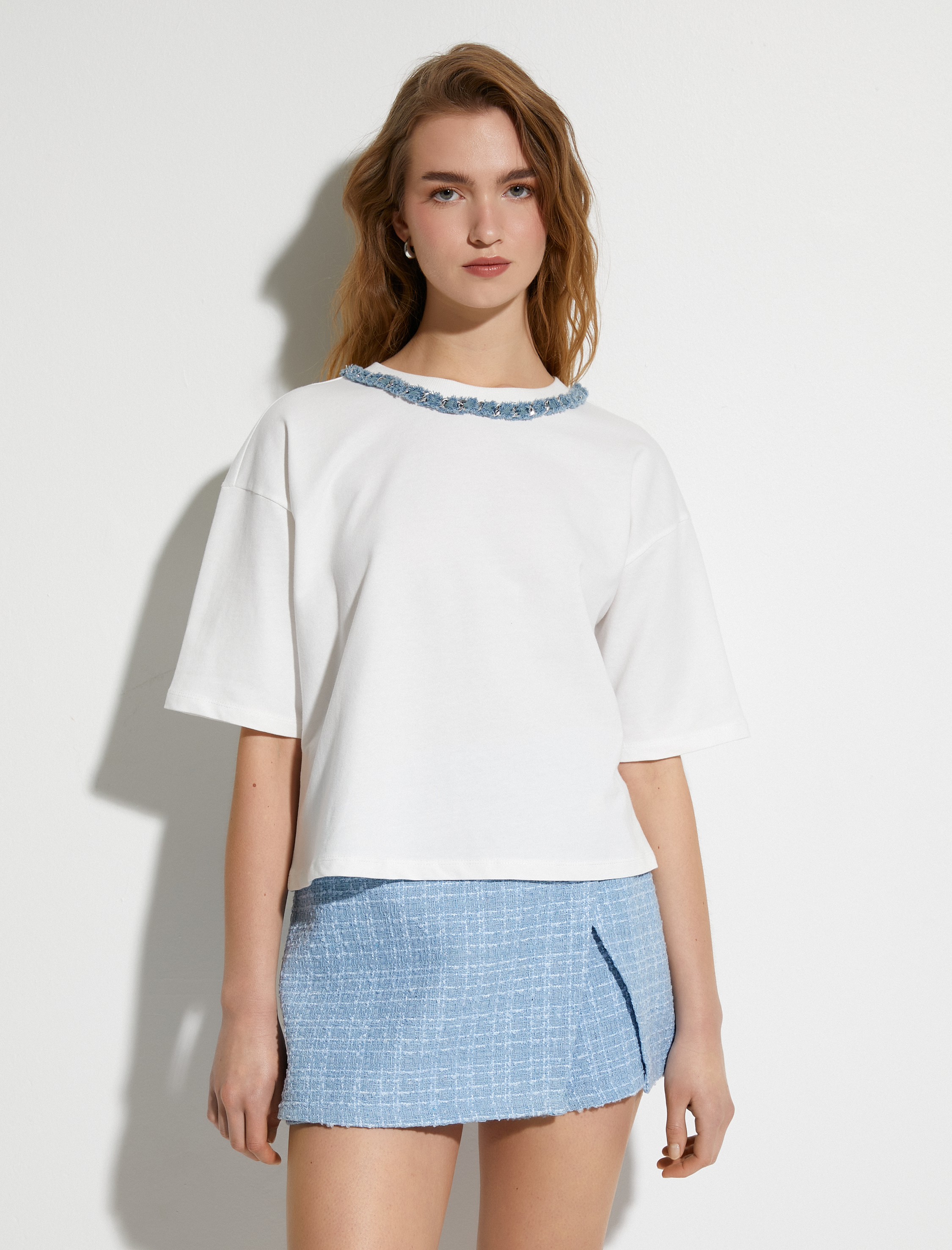   Kısa Kollu Tişört Tüvit Yaka Pamuklu