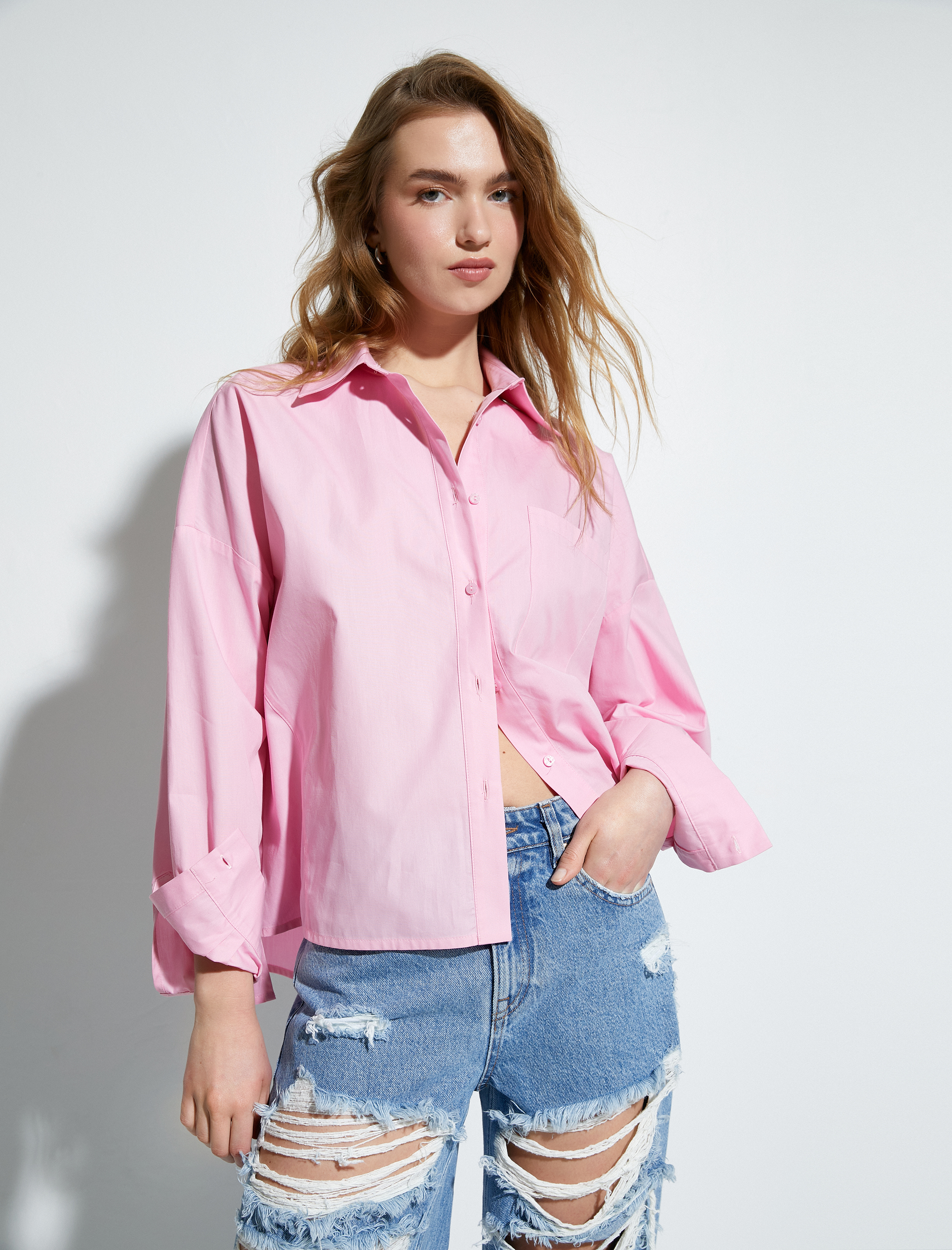   Klasik Poplin Gömlek Uzun Kollu Düğmeli Cep Detaylı Regular Fit