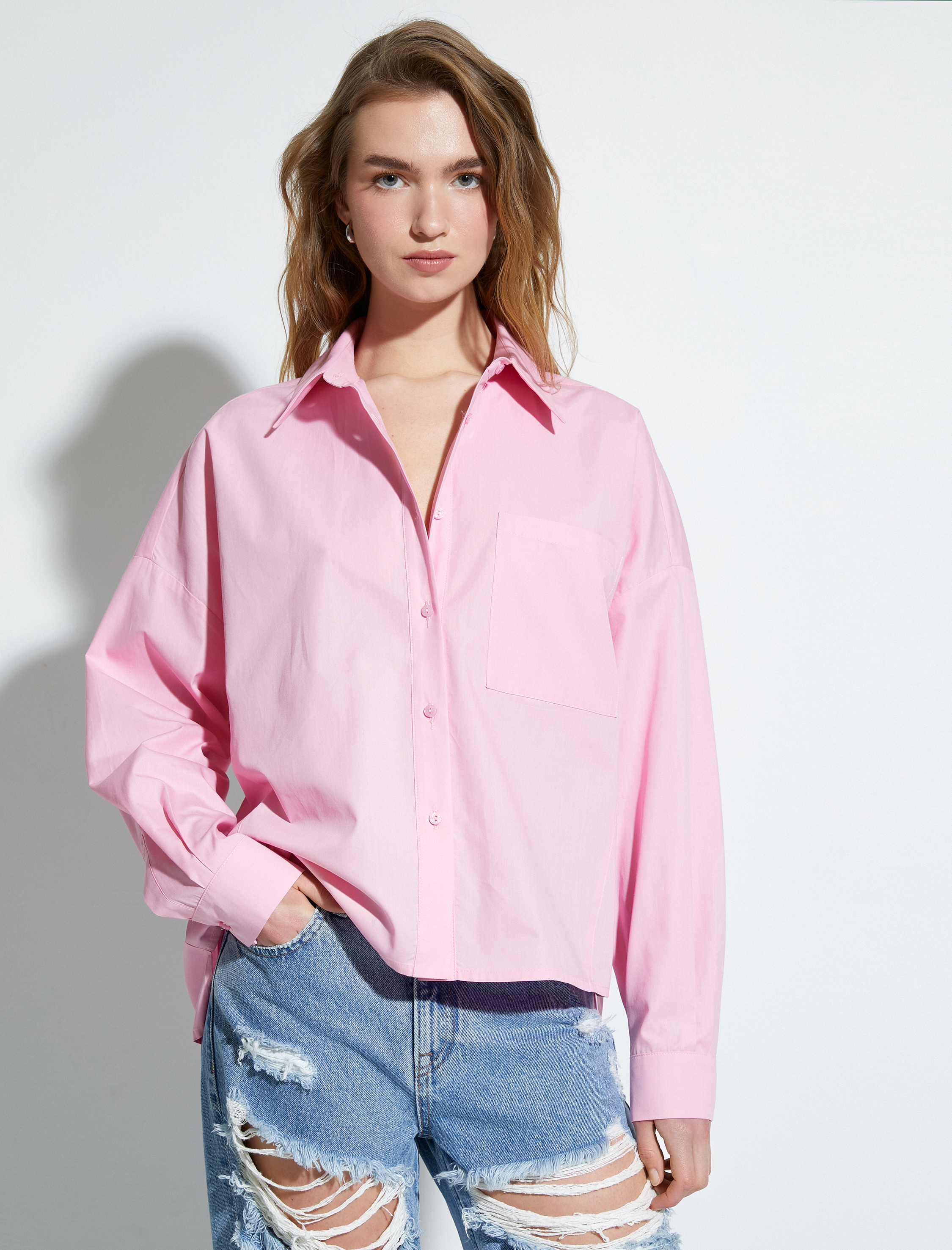   Klasik Poplin Gömlek Uzun Kollu Düğmeli Cep Detaylı Regular Fit