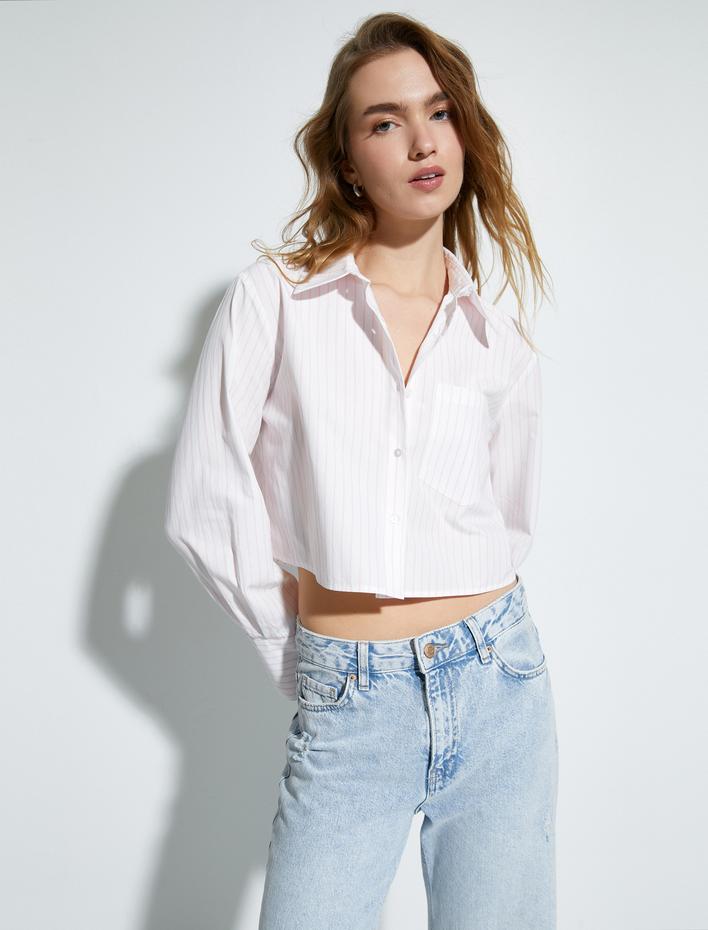  Crop Poplin Gömlek Uzun Kollu Cep Detaylı Düğmeli Klasik Yaka