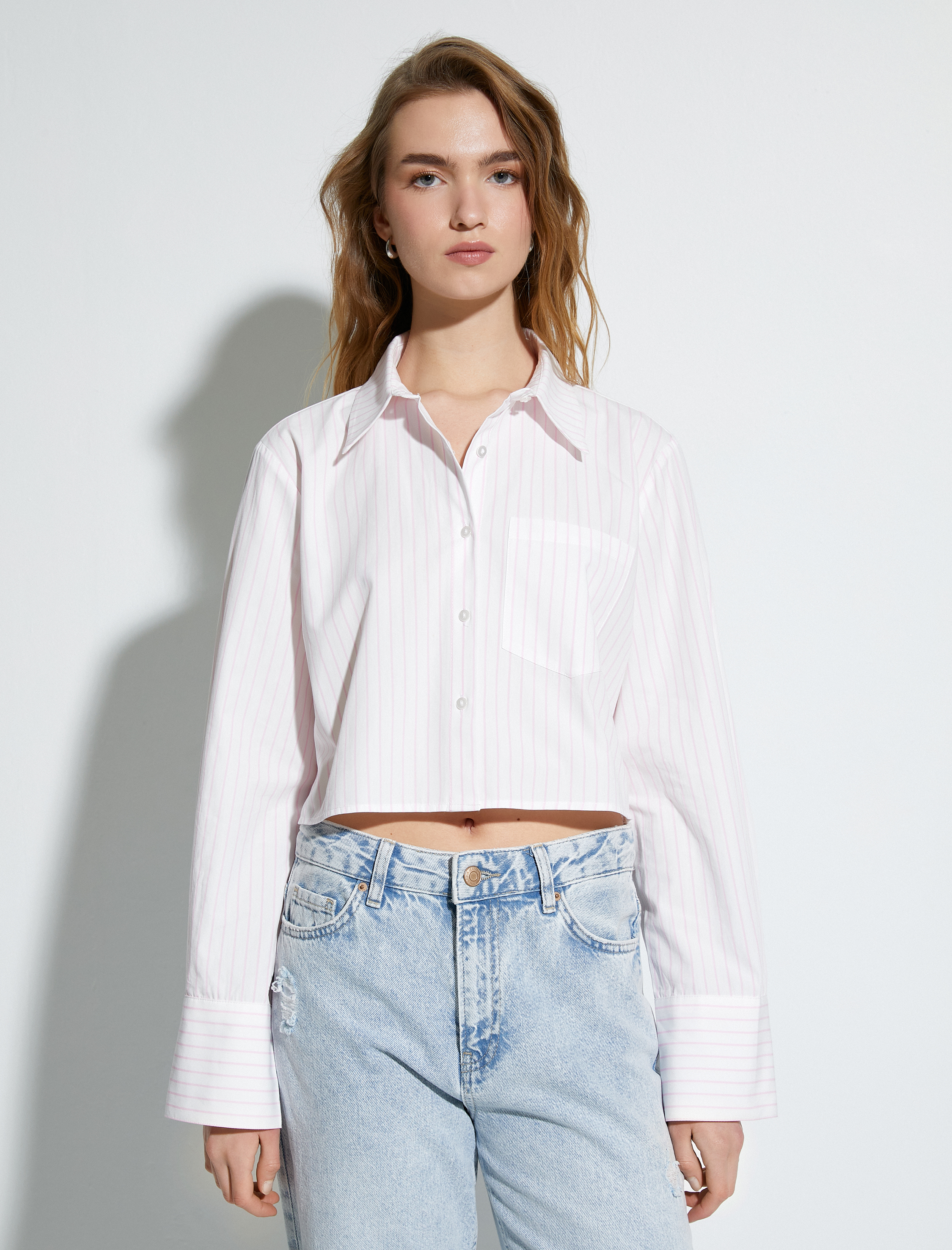   Crop Poplin Gömlek Uzun Kollu Cep Detaylı Düğmeli Klasik Yaka