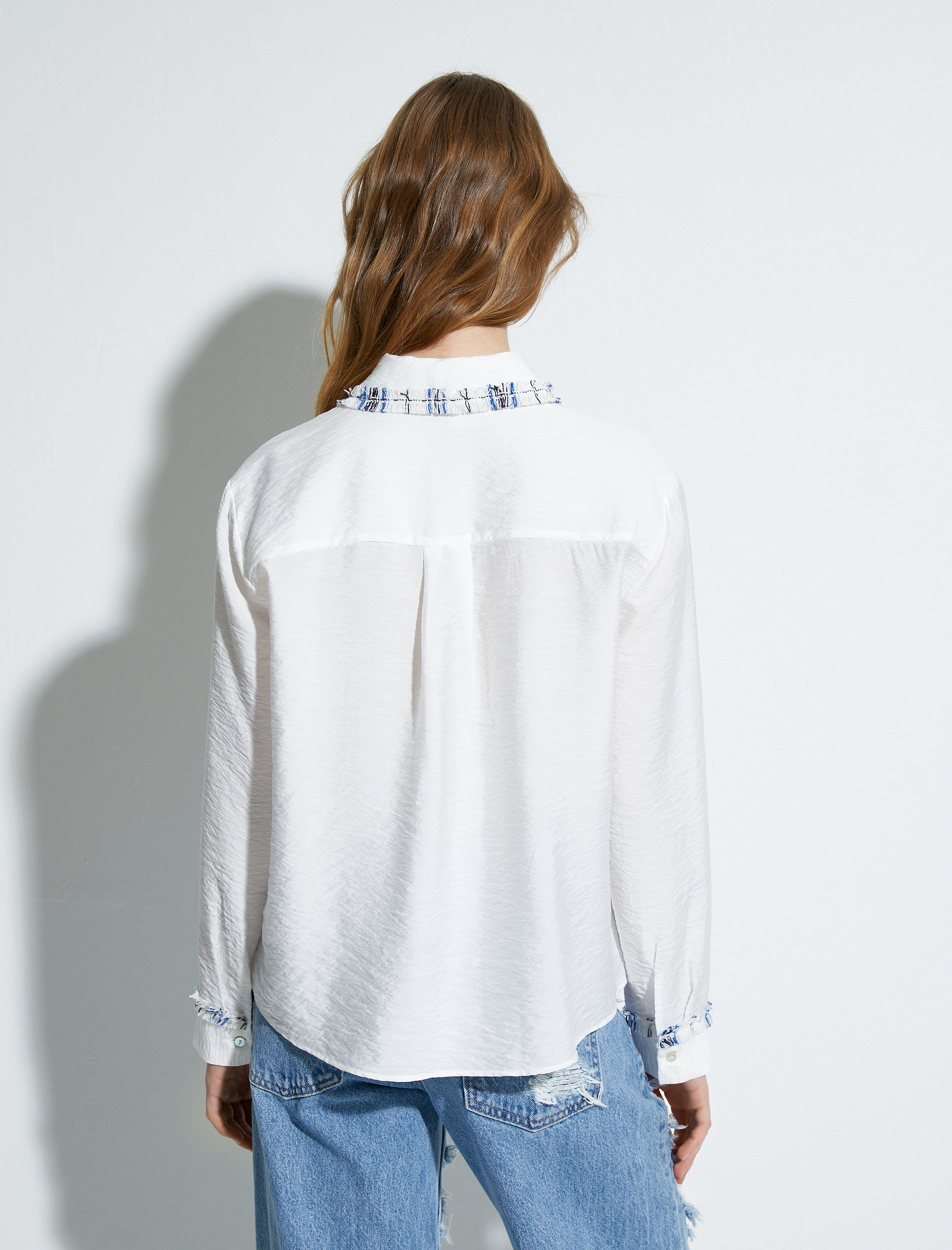   Uzun Kollu Gömlek Tüvit İnci Detaylı Dokulu Düğmeli Viskon