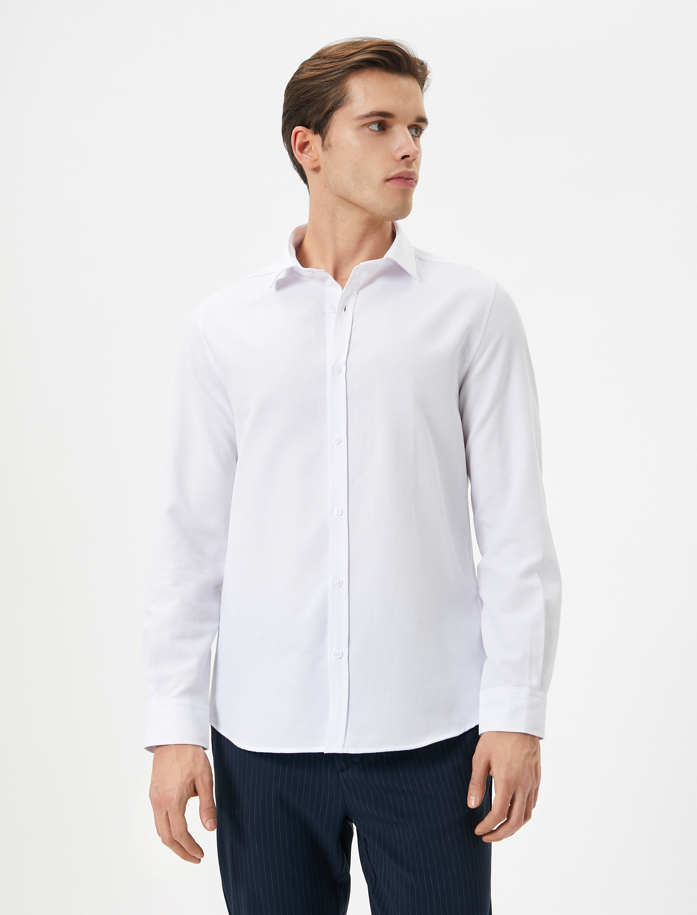   Slim Fit Gömlek Yarım İtalyan Yaka Uzun Kollu