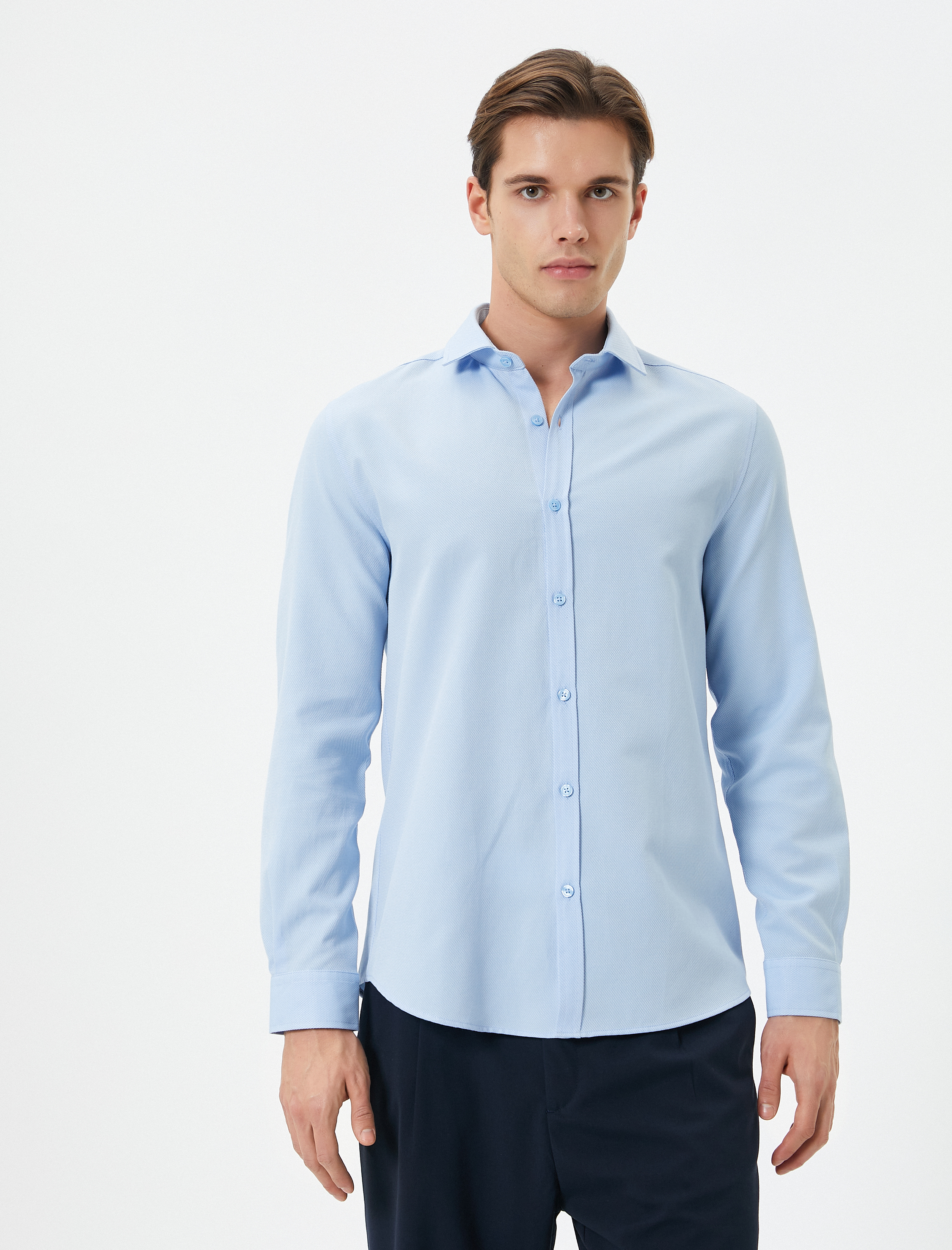   Slim Fit Gömlek Yarım İtalyan Yaka Uzun Kollu