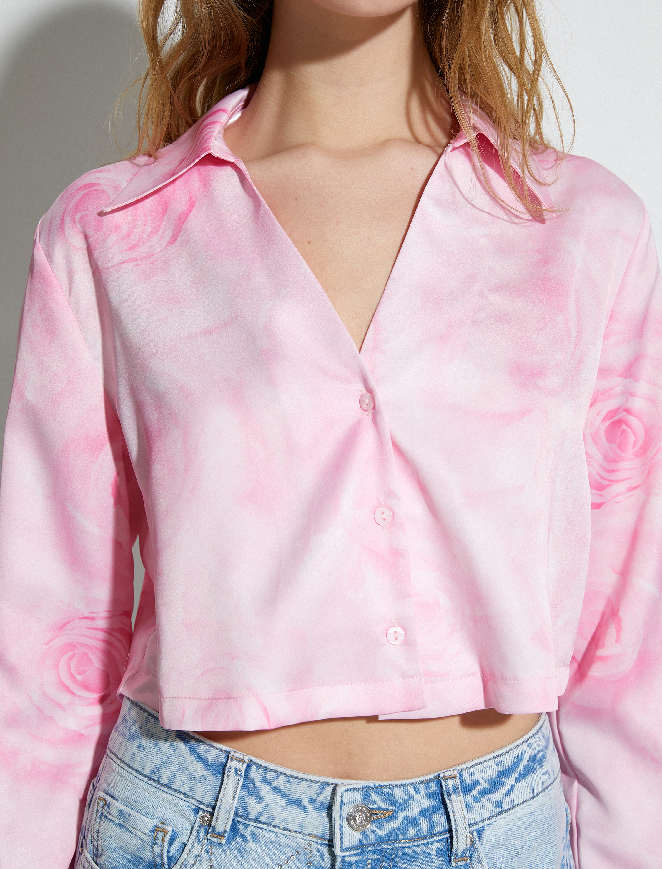 Crop Gömlek Floral Desenli