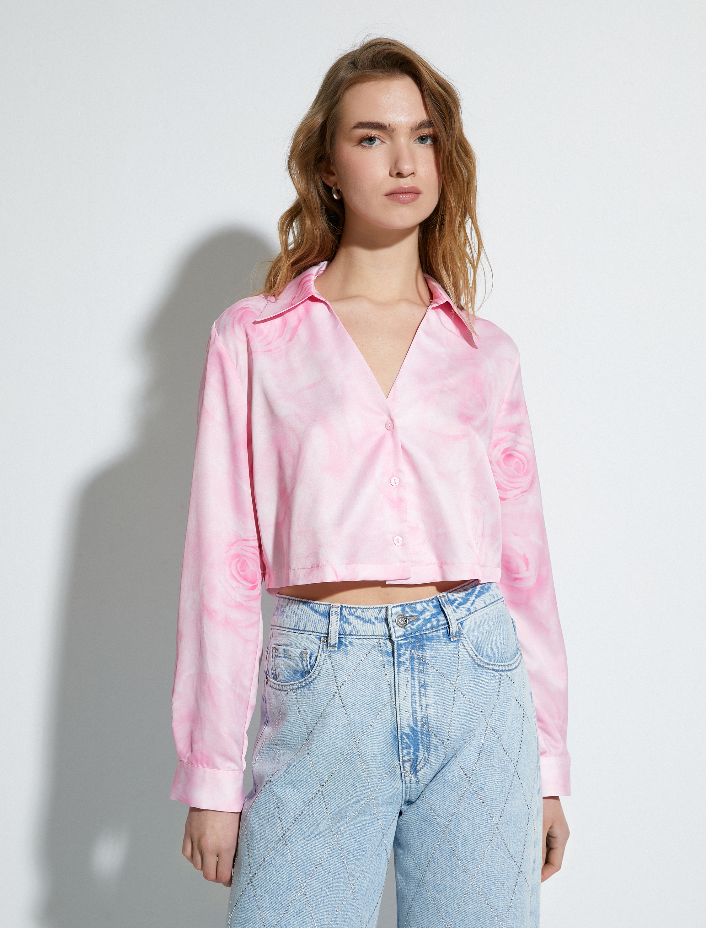 Crop Gömlek Floral Desenli