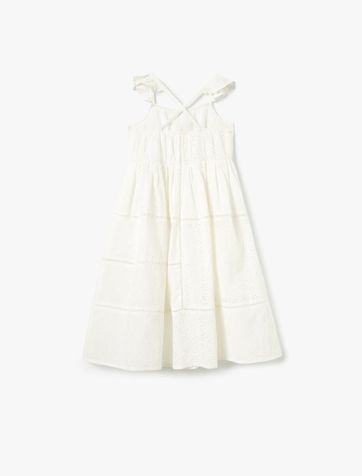 Kız Çocuk Brodeli Midi Elbise Çapraz Askılı Rahat Kesim