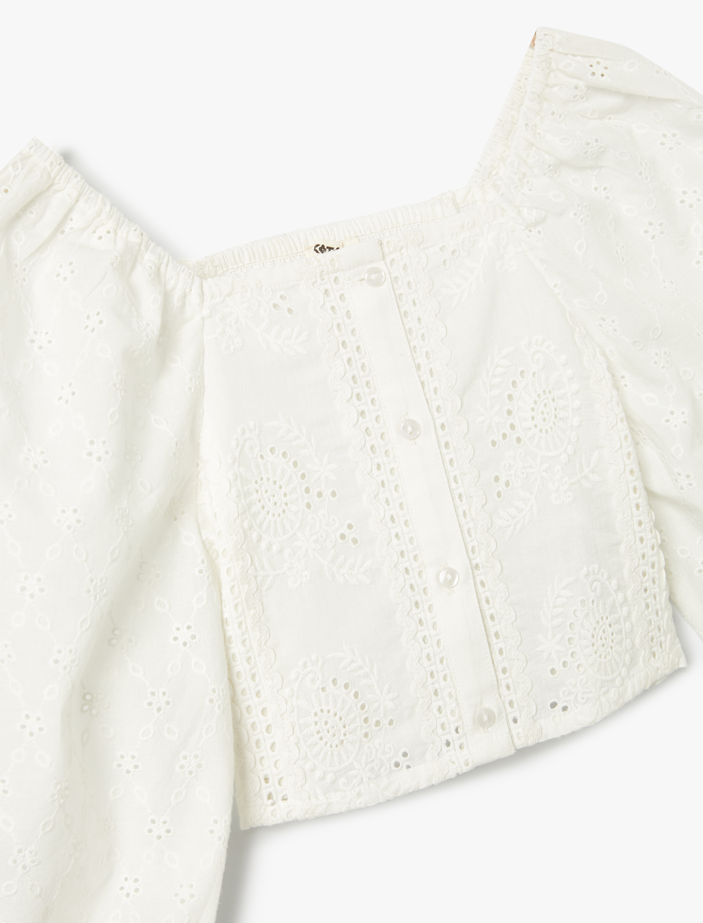 Kız Çocuk Brode Detaylı Gömlek Kare Yaka Uzun Kollu Düğmeli