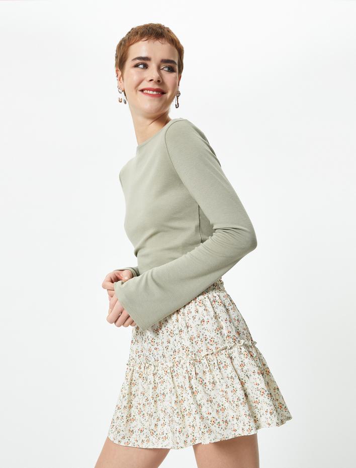  Çiçekli Mini Etek A Form Fırfır Detaylı Katlı Viskoz Kumaş