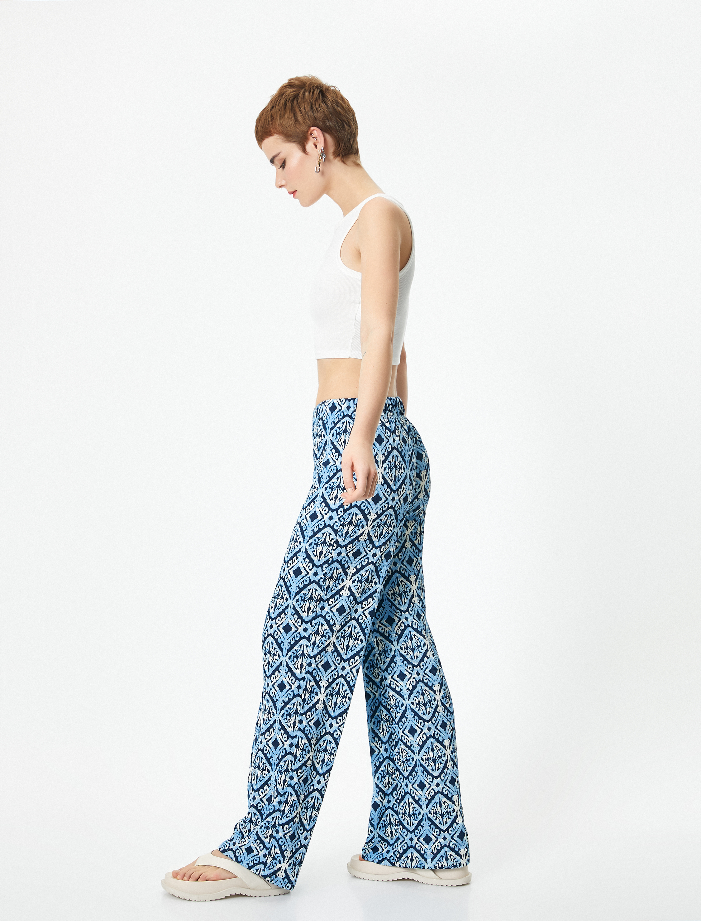   Bol Paça Pantolon Etnik Desenli Rahat Kalıp Bürümcük