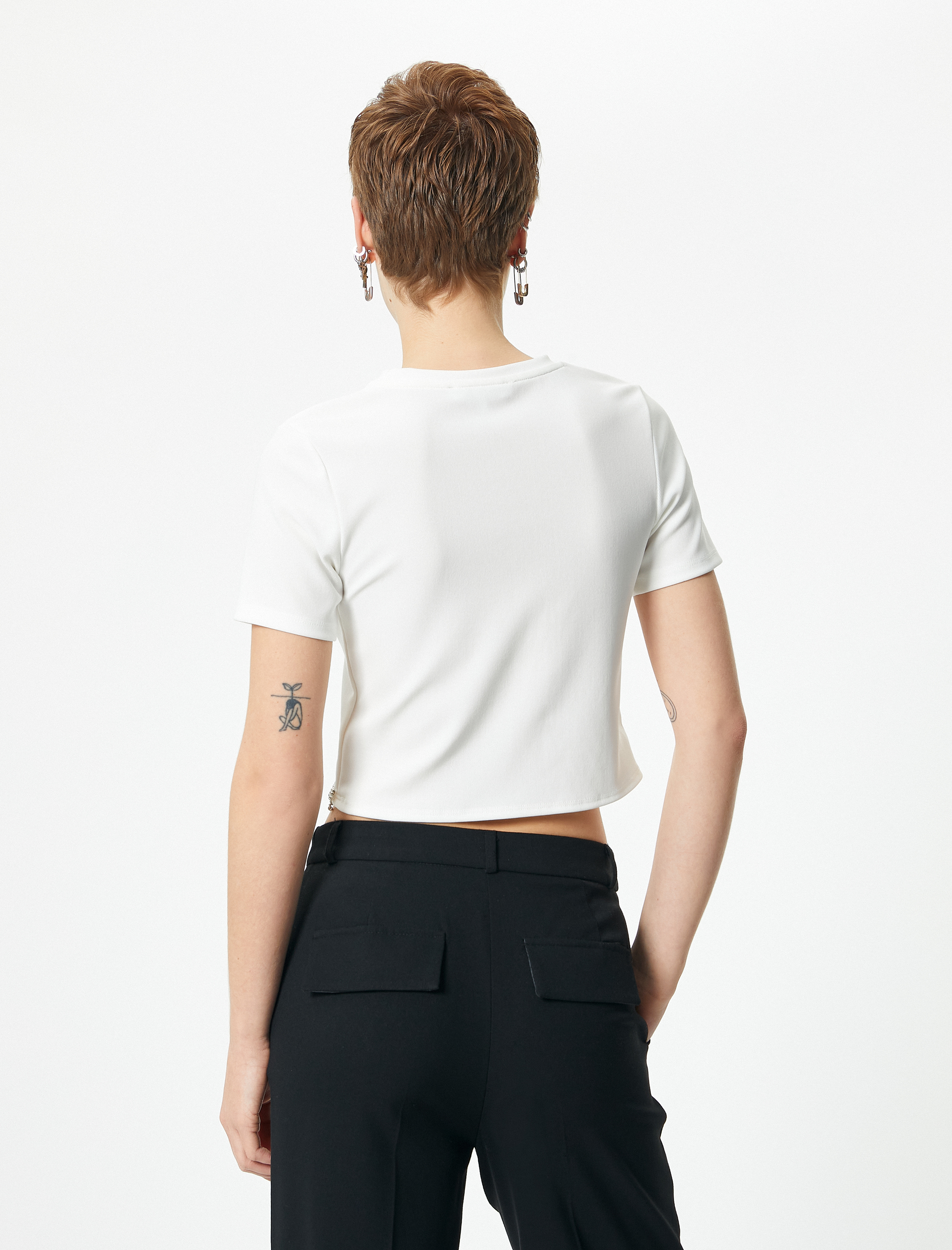   Taşlı Tişört Crop Kısa Kollu Bisiklet Yaka Ribanalı